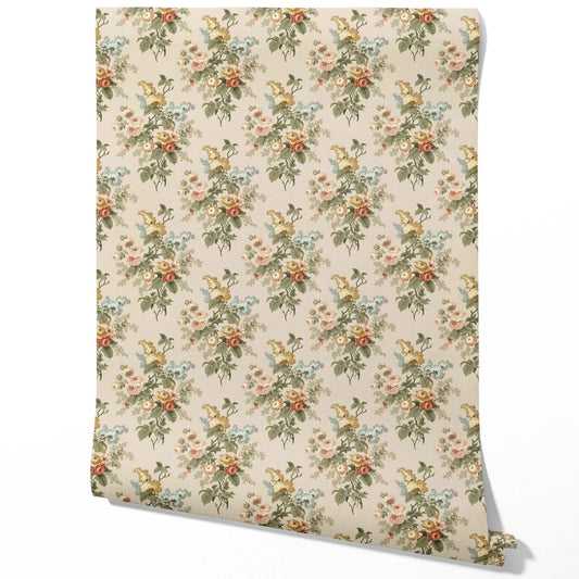 English Floral Print Traditional Wallpaper Sample (Beige/ Green/ Orange/ Yellow)