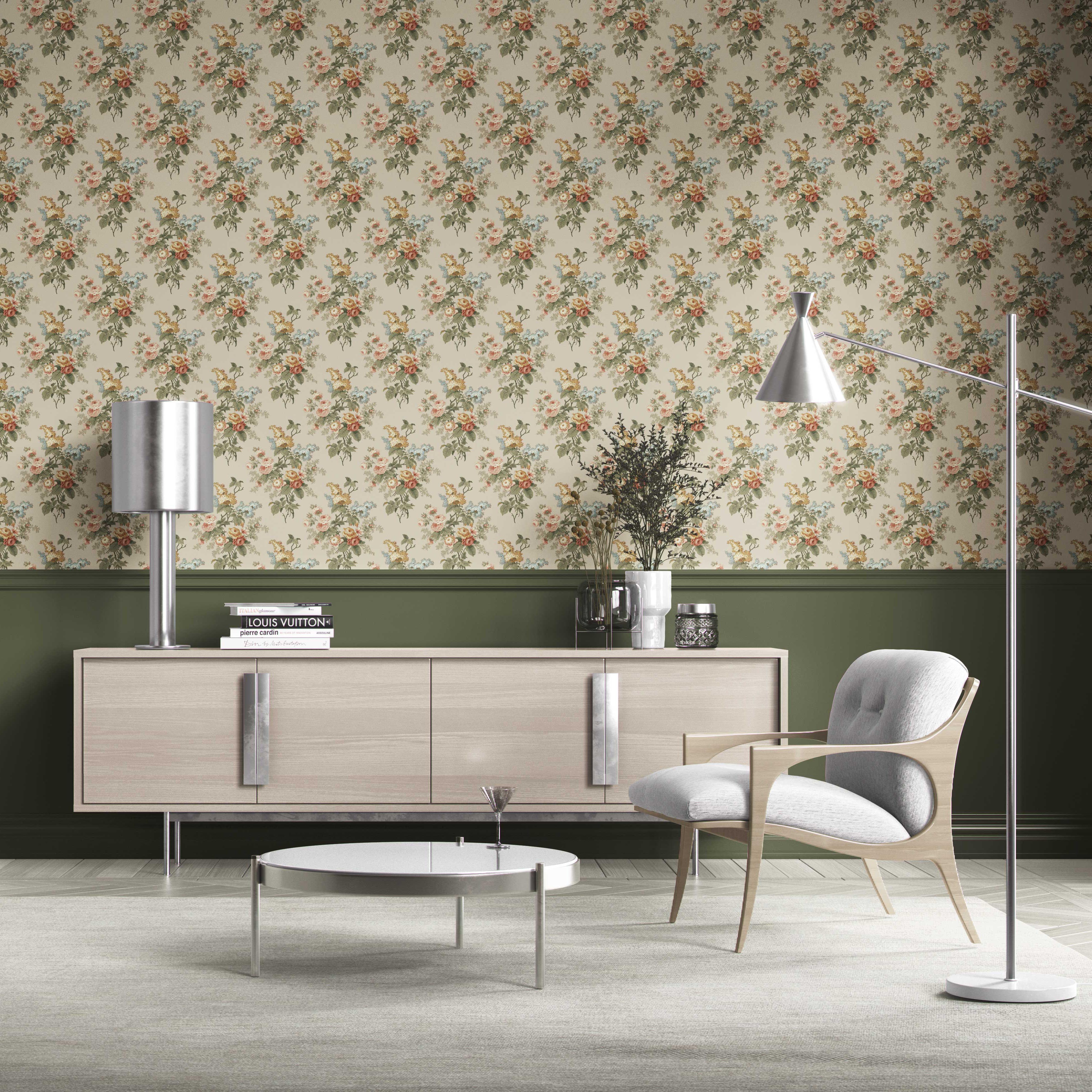 English Floral Print Kitchen Wallpaper Sample (Beige/ Green/ Orange/ Yellow)