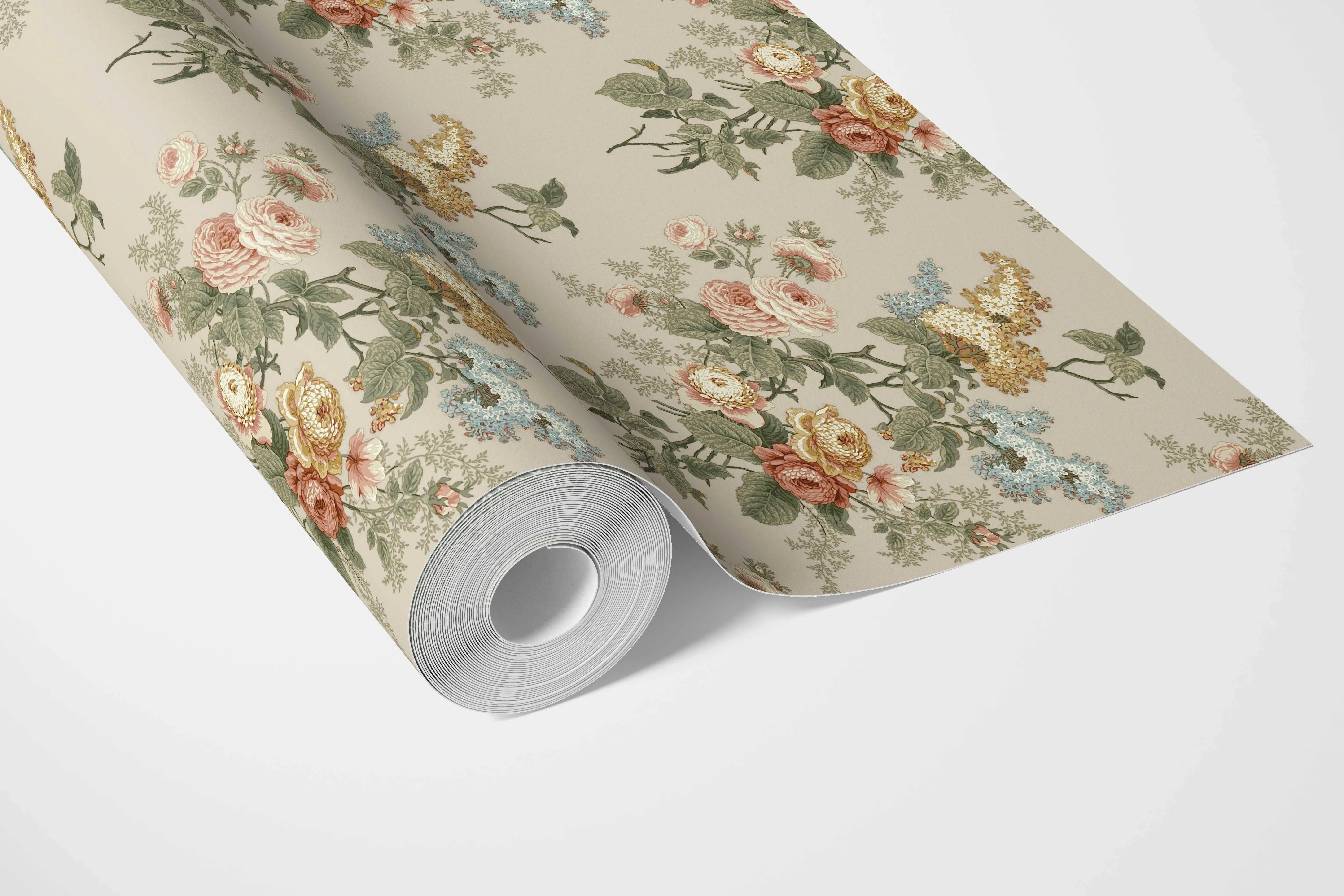 English Floral Print Bathroom Wallpaper Sample (Beige/ Green/ Orange/ Yellow)