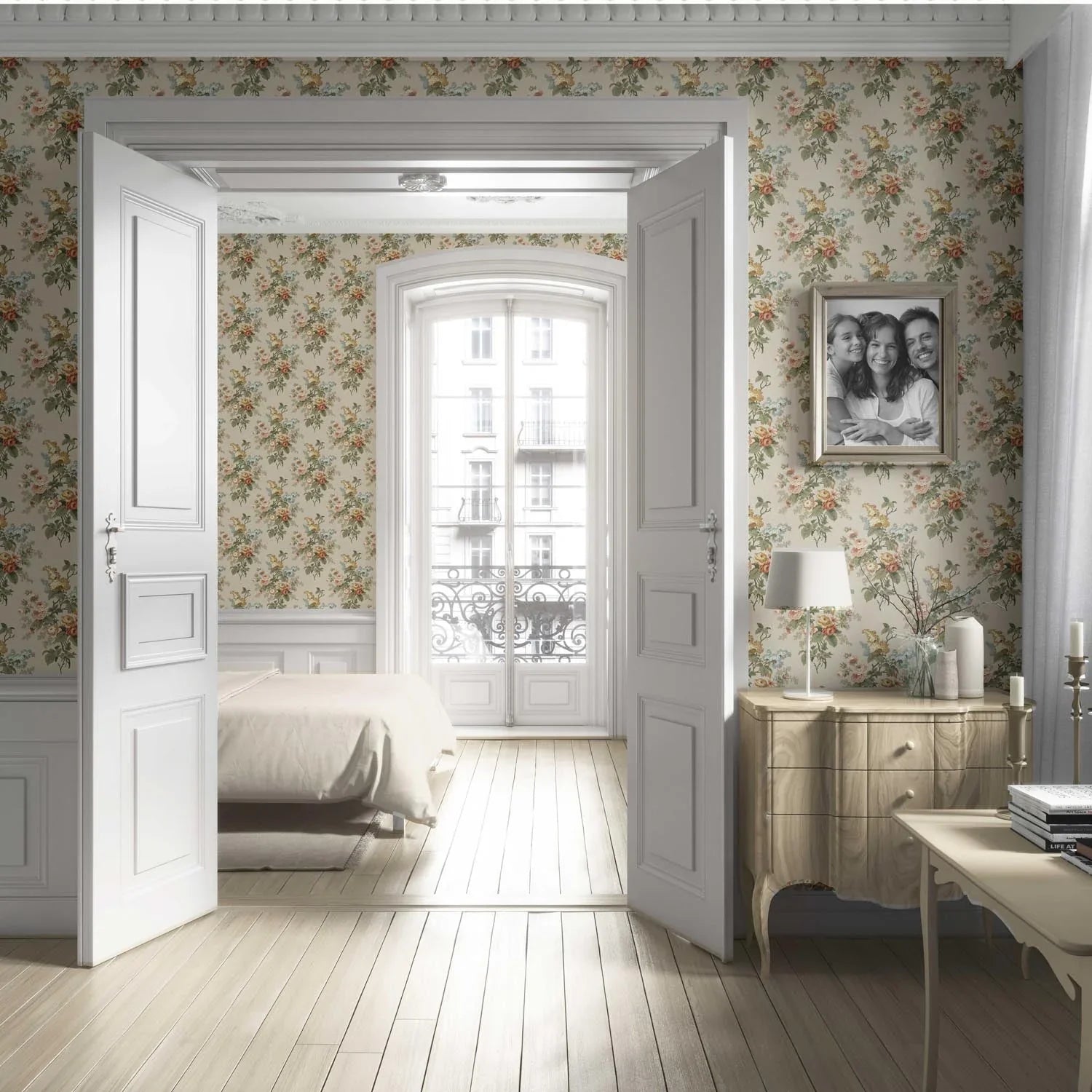English Floral Print Living Room Wallpaper Sample (Beige/ Green/ Orange/ Yellow)