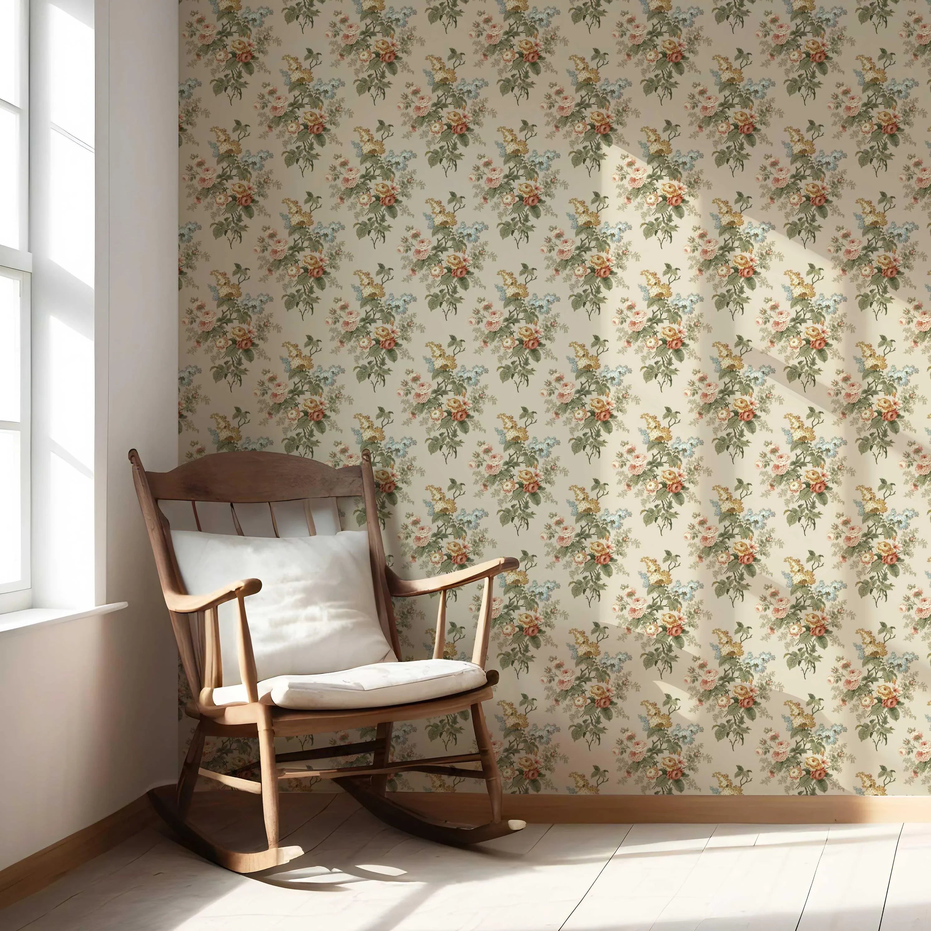 English Floral Print Nursery Wallpaper Sample (Beige/ Green/ Orange/ Yellow)