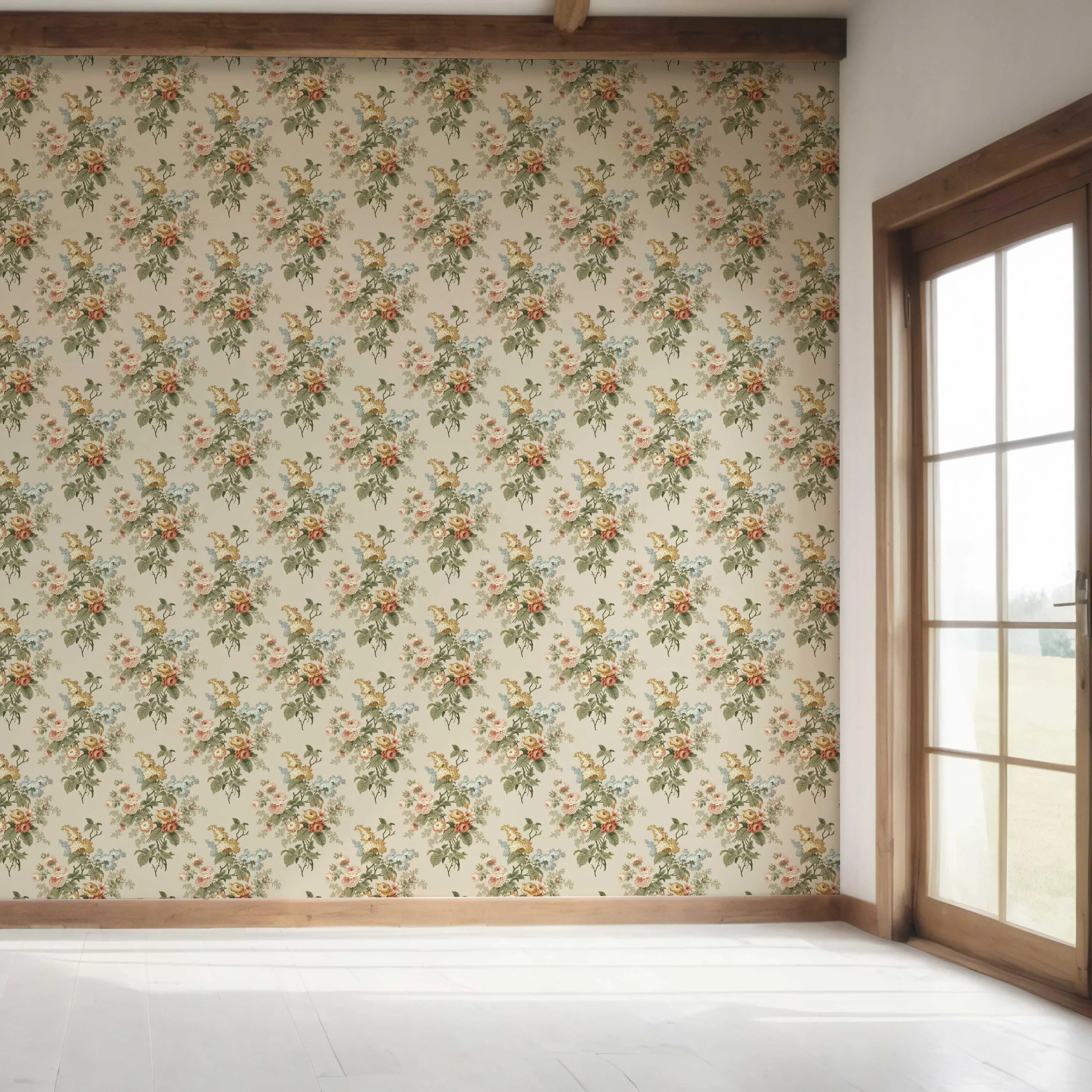 English Floral Print Bedroom Wallpaper Sample (Beige/ Green/ Orange/ Yellow)