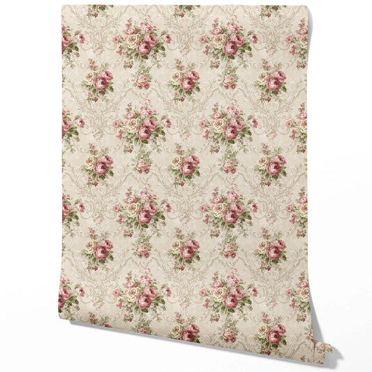 Floral Damask Patterned Traditional Wallpaper Sample (Beige/ Pink/ Green)