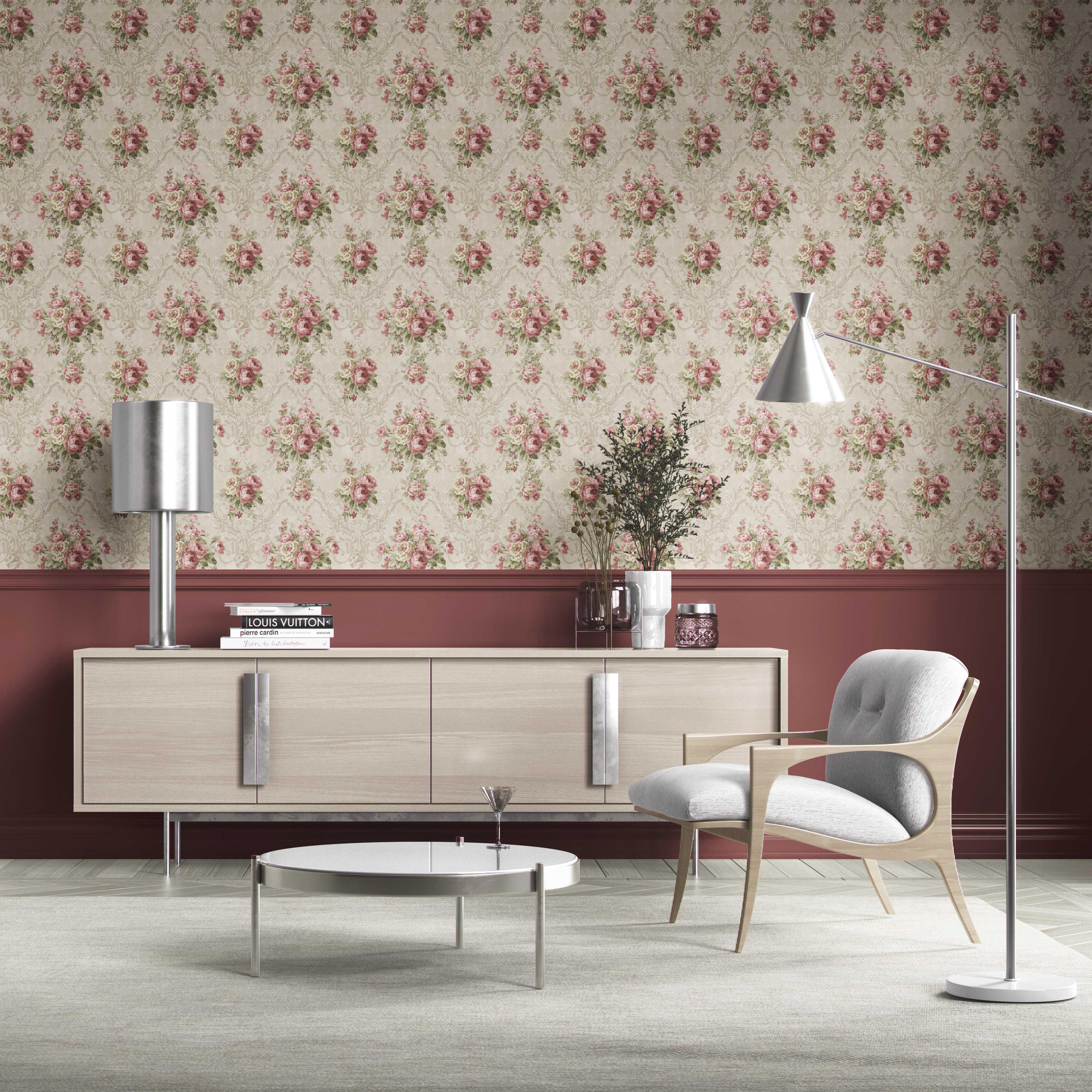 Floral Damask Patterned Kitchen Wallpaper (Beige/ Pink/ Green)