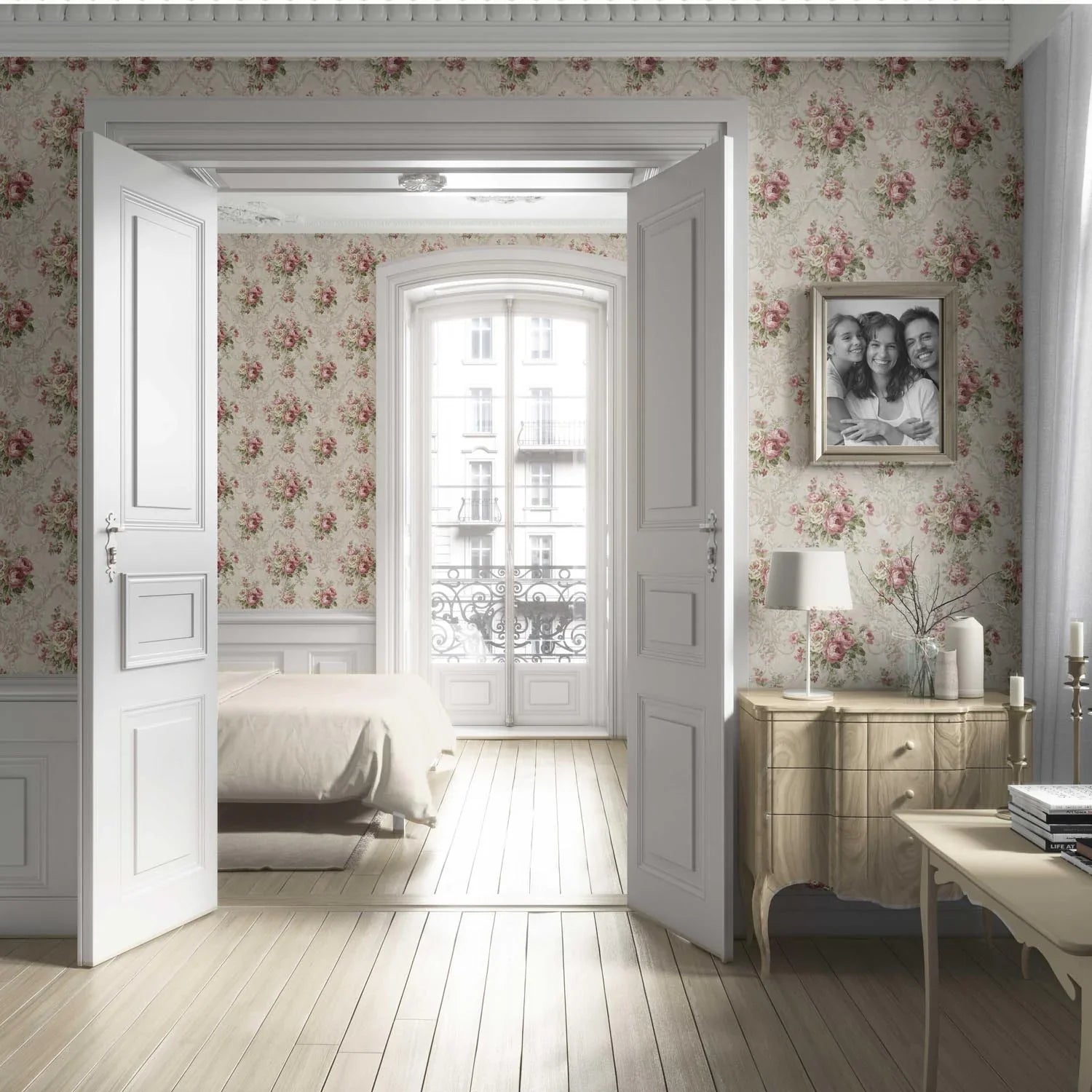 Floral Damask Patterned Living Room Wallpaper (Beige/ Pink/ Green)