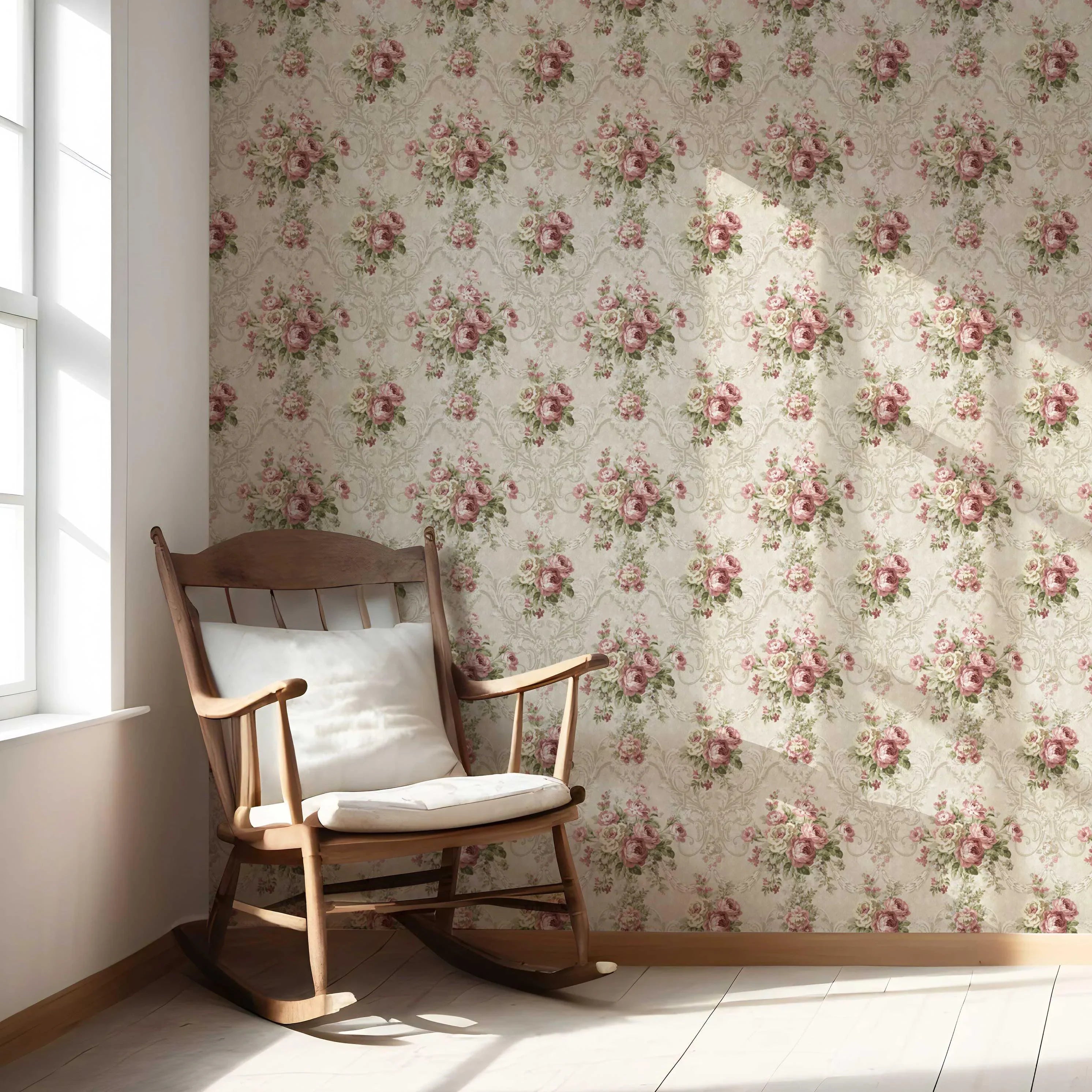 Floral Damask Patterned Nursery Wallpaper (Beige/ Pink/ Green)