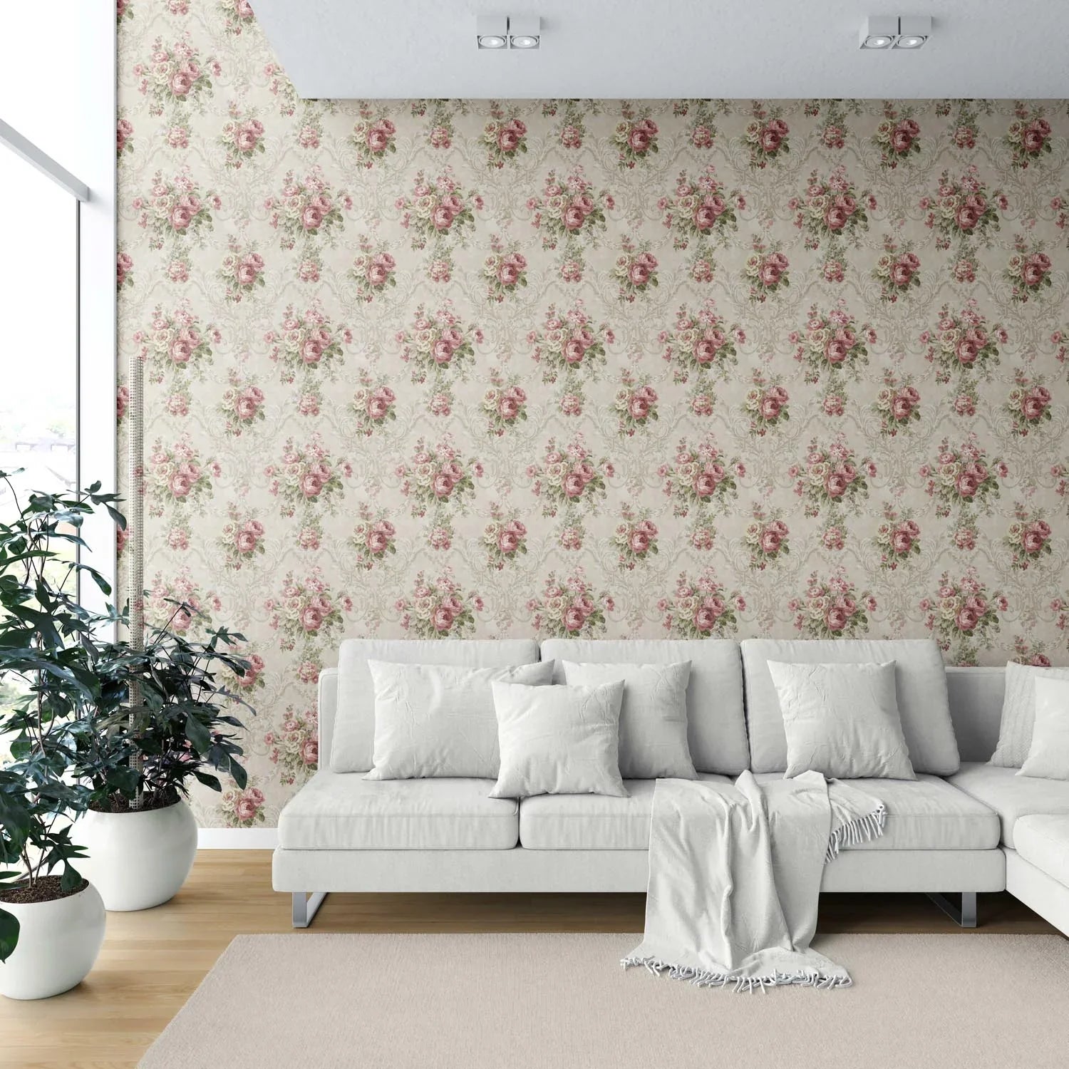 Floral Damask Patterned Shower Toilet Wallpaper (Beige/ Pink/ Green)