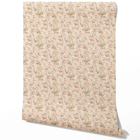 Chinoiserie/ English Floral Traditional Wallpaper (Light Pink/ Peach/ Cream/ Green)