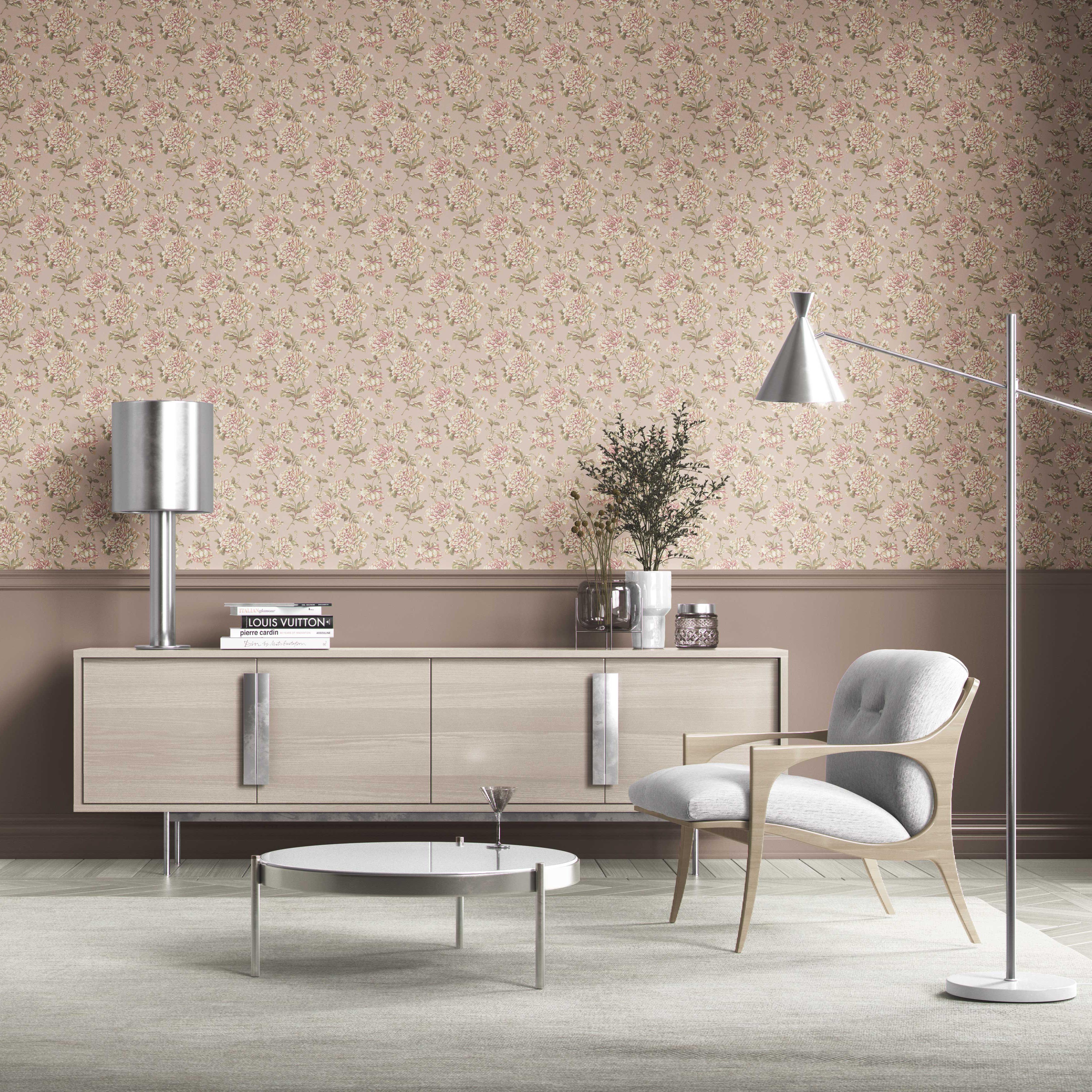 Chinoiserie/ English Floral Kitchen Wallpaper Sample (Light Pink/ Peach/ Cream/ Green)