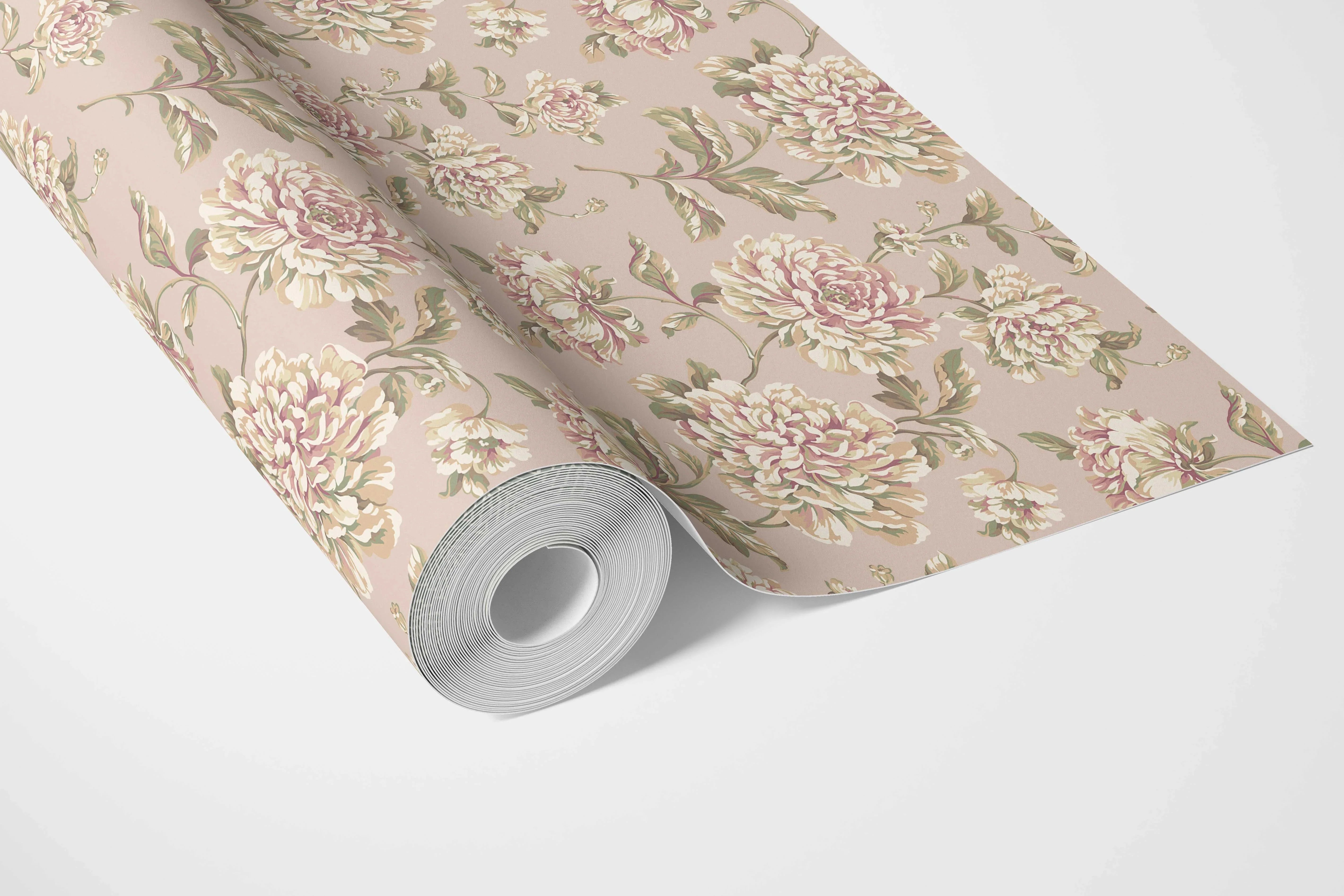 Chinoiserie/ English Floral Bathroom Wallpaper Sample (Light Pink/ Peach/ Cream/ Green)