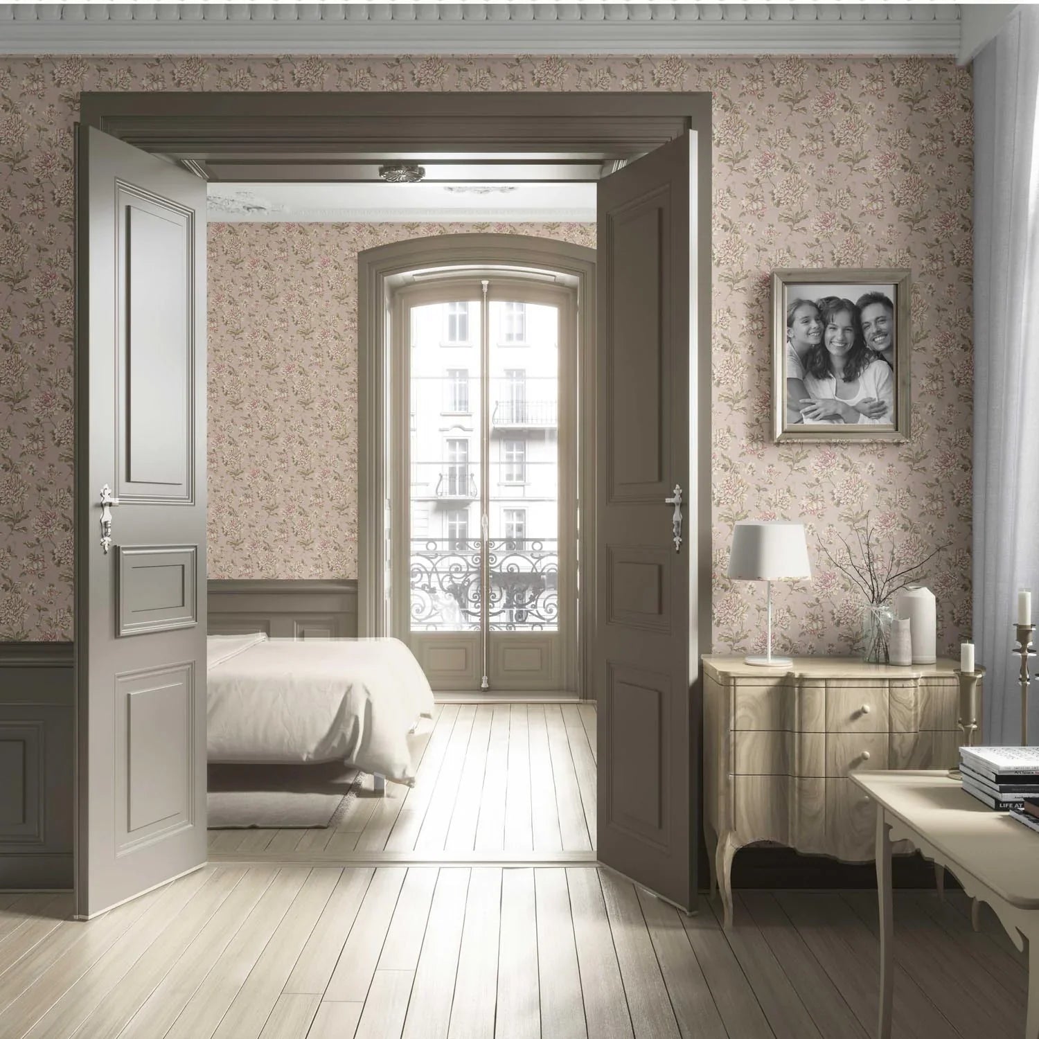 Chinoiserie/ English Floral Living Room Wallpaper Sample (Light Pink/ Peach/ Cream/ Green)
