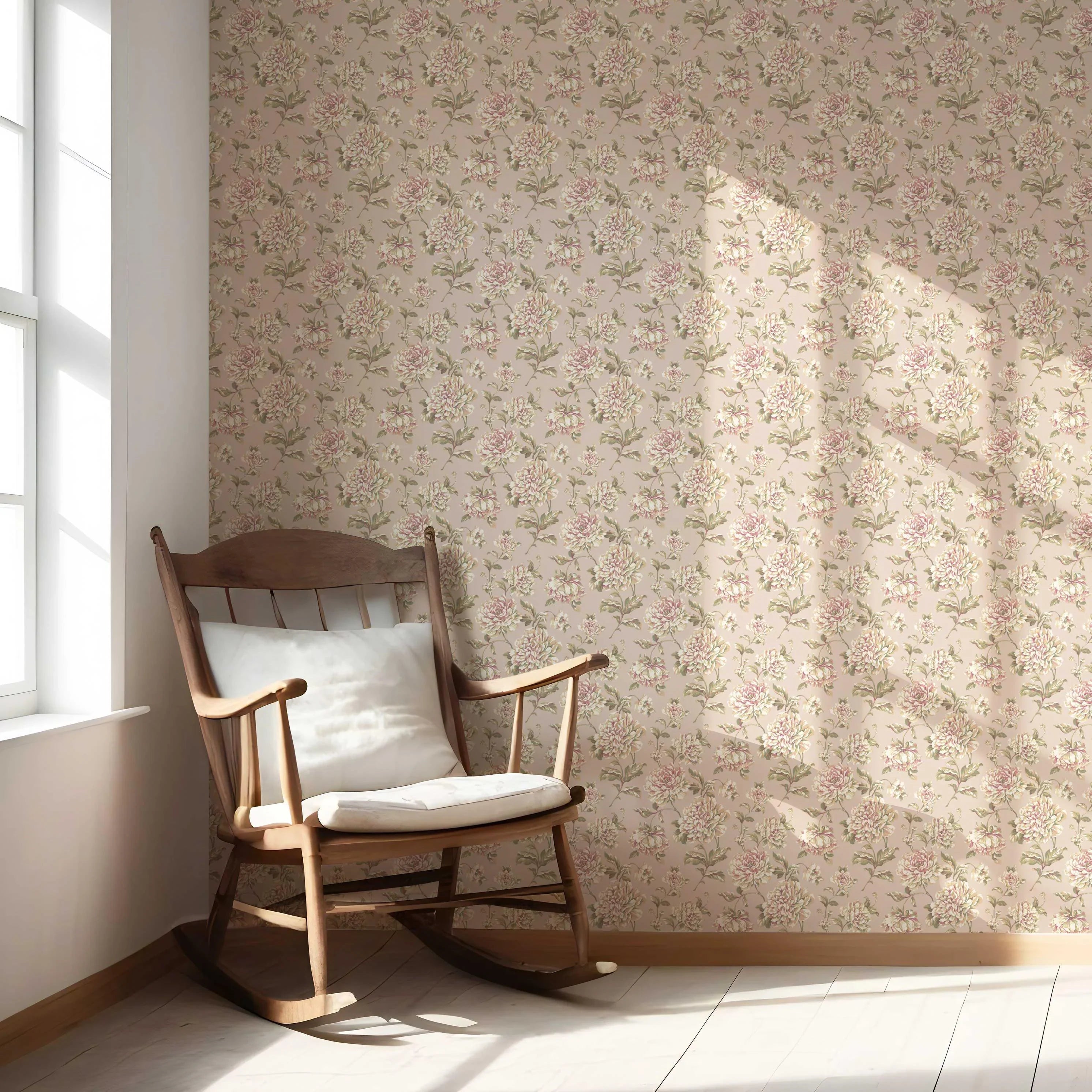 Chinoiserie/ English Floral Nursery Wallpaper Sample (Light Pink/ Peach/ Cream/ Green)