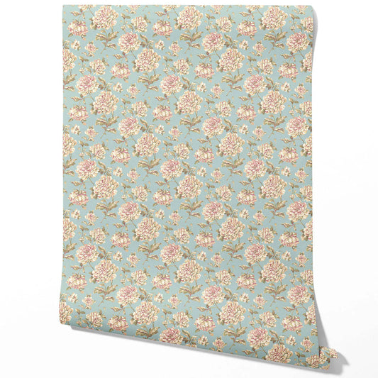 Chinoiserie/ English Floral Traditional Wallpaper Sample (Blue/ Cream/ Beige/ Pink/ Green)