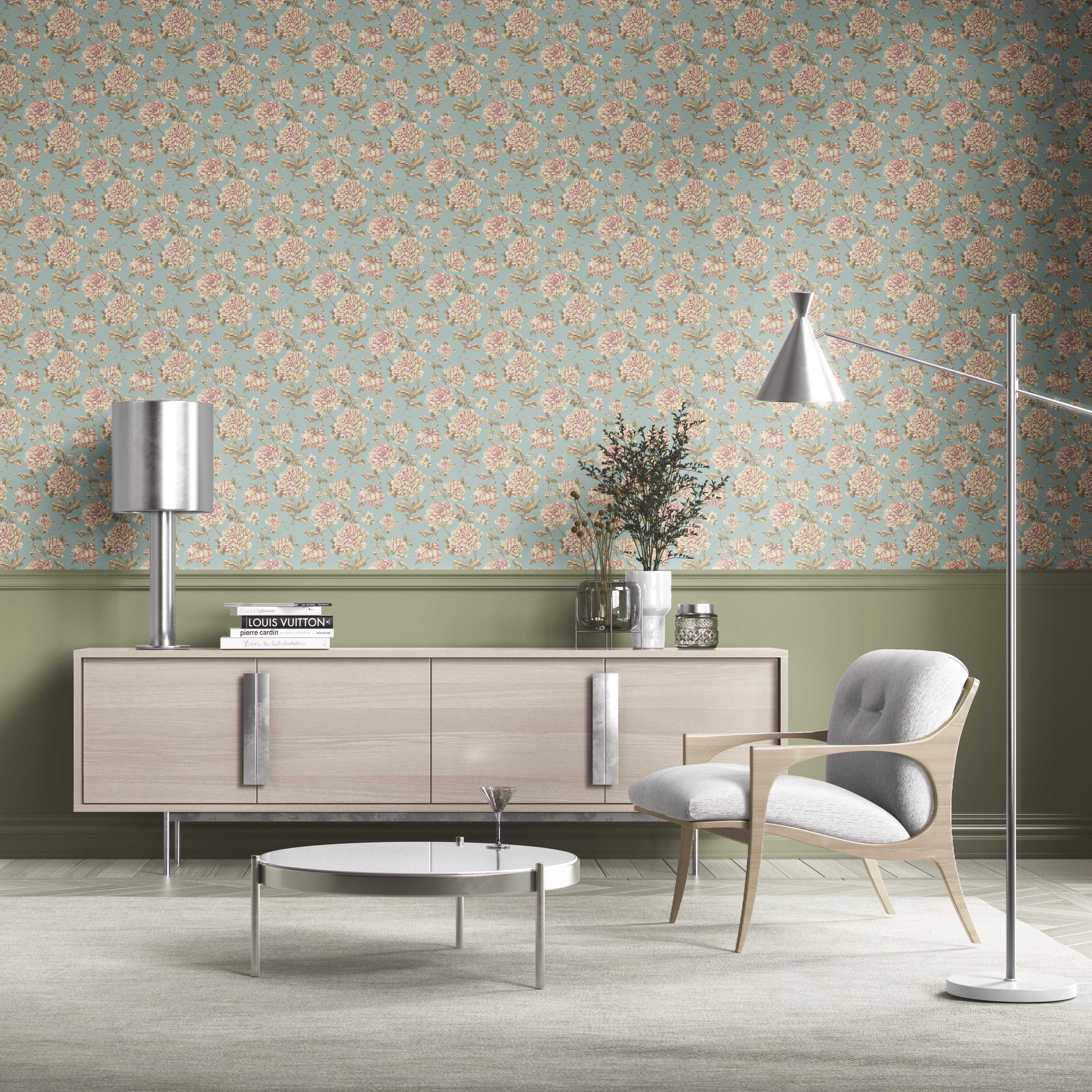 Chinoiserie/ English Floral Kitchen Wallpaper Sample (Blue/ Cream/ Beige/ Pink/ Green)