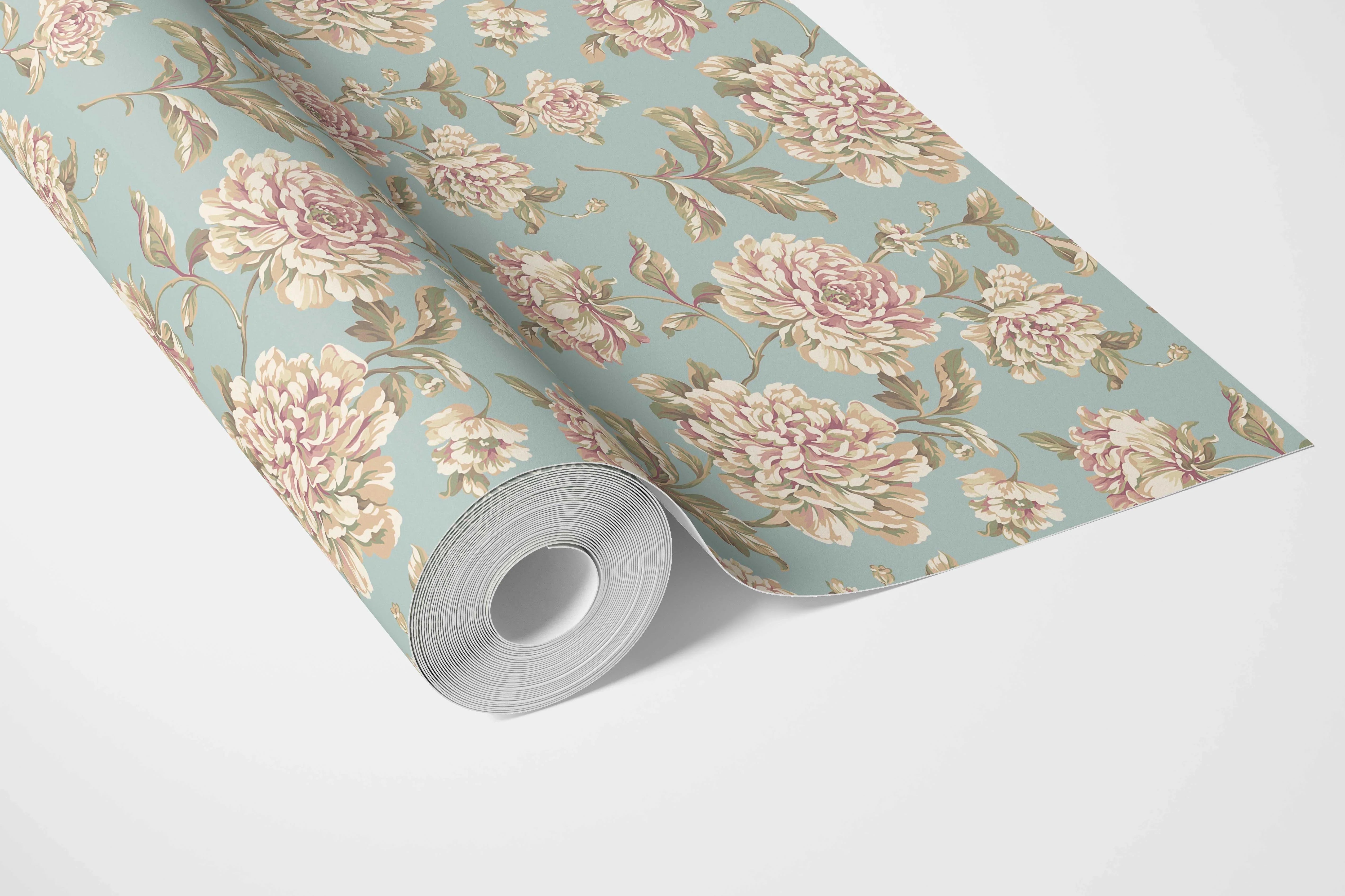 Chinoiserie/ English Floral Bathroom Wallpaper Sample (Blue/ Cream/ Beige/ Pink/ Green)
