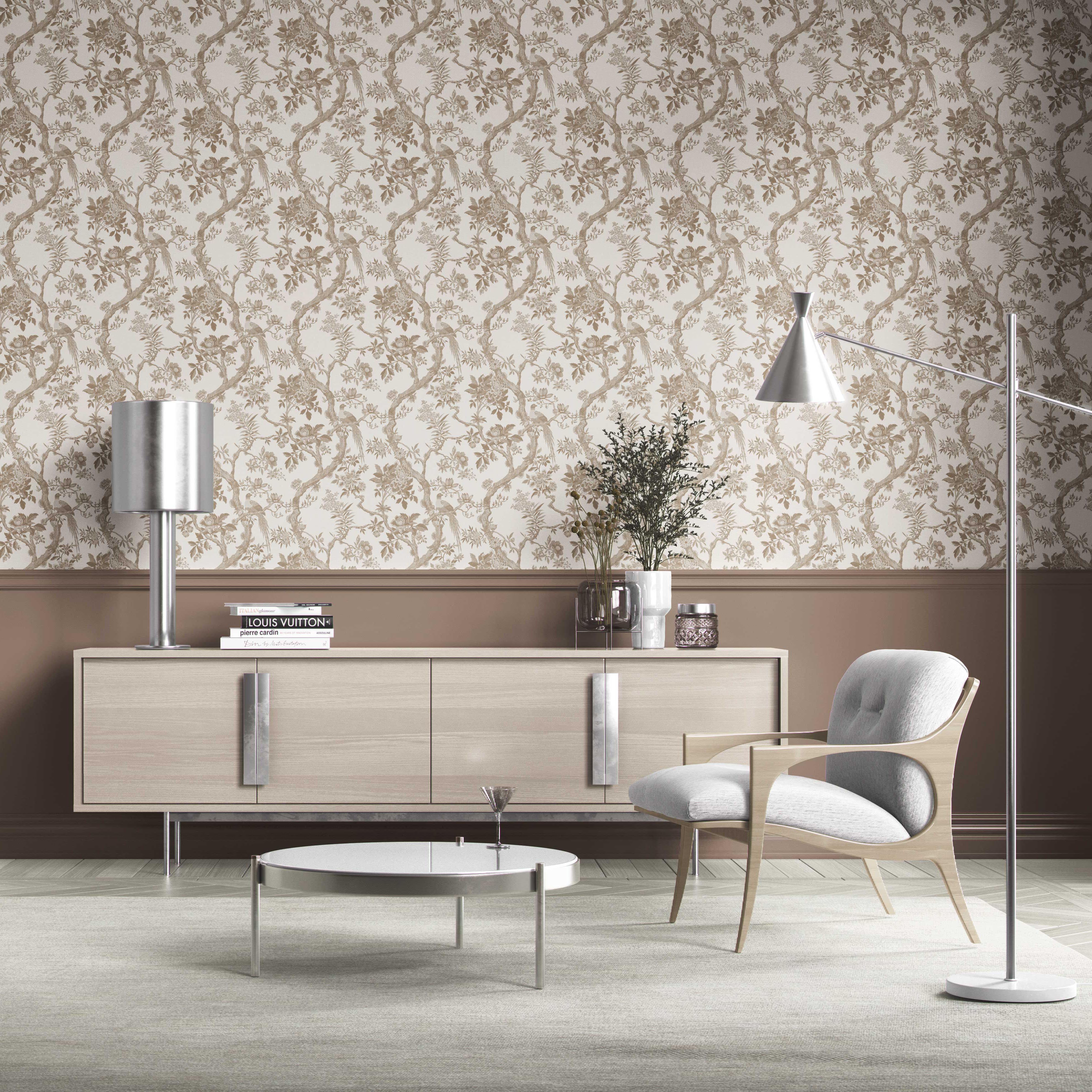 Floral Toile/ Bird Print Chinoiserie Kitchen Wallpaper Sample (Beige/ Taupe/ Brown)
