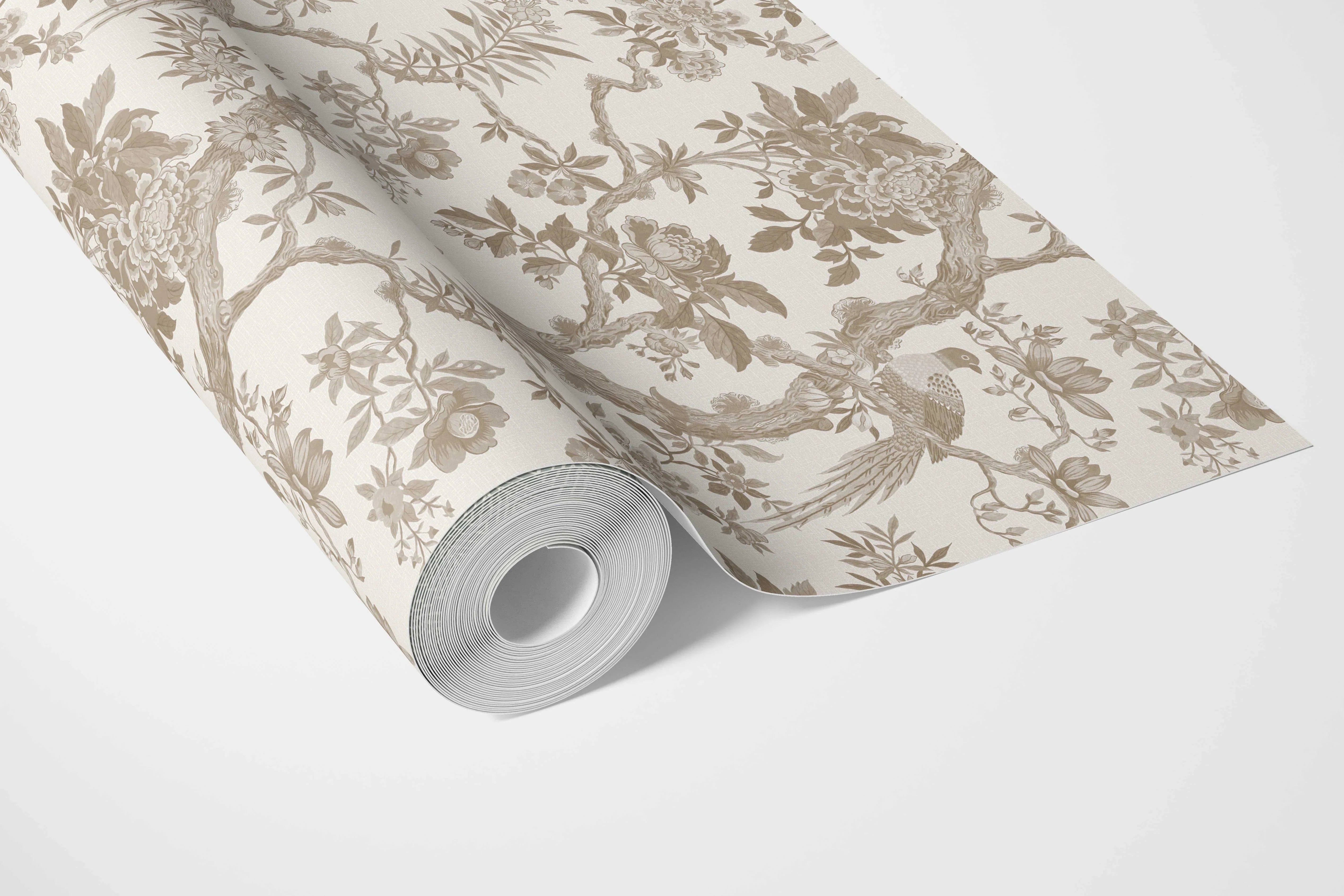Floral Toile/ Bird Print Chinoiserie Bathroom Wallpaper Sample (Beige/ Taupe/ Brown)