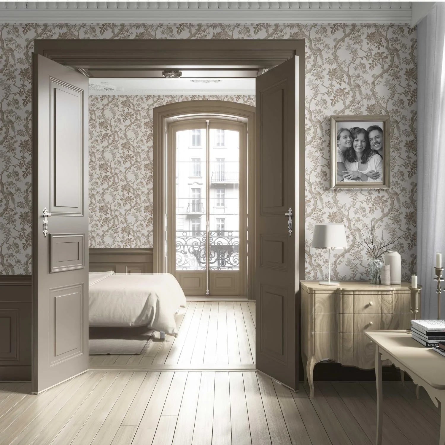 Floral Toile/ Bird Print Chinoiserie Living Room Wallpaper Sample (Beige/ Taupe/ Brown)