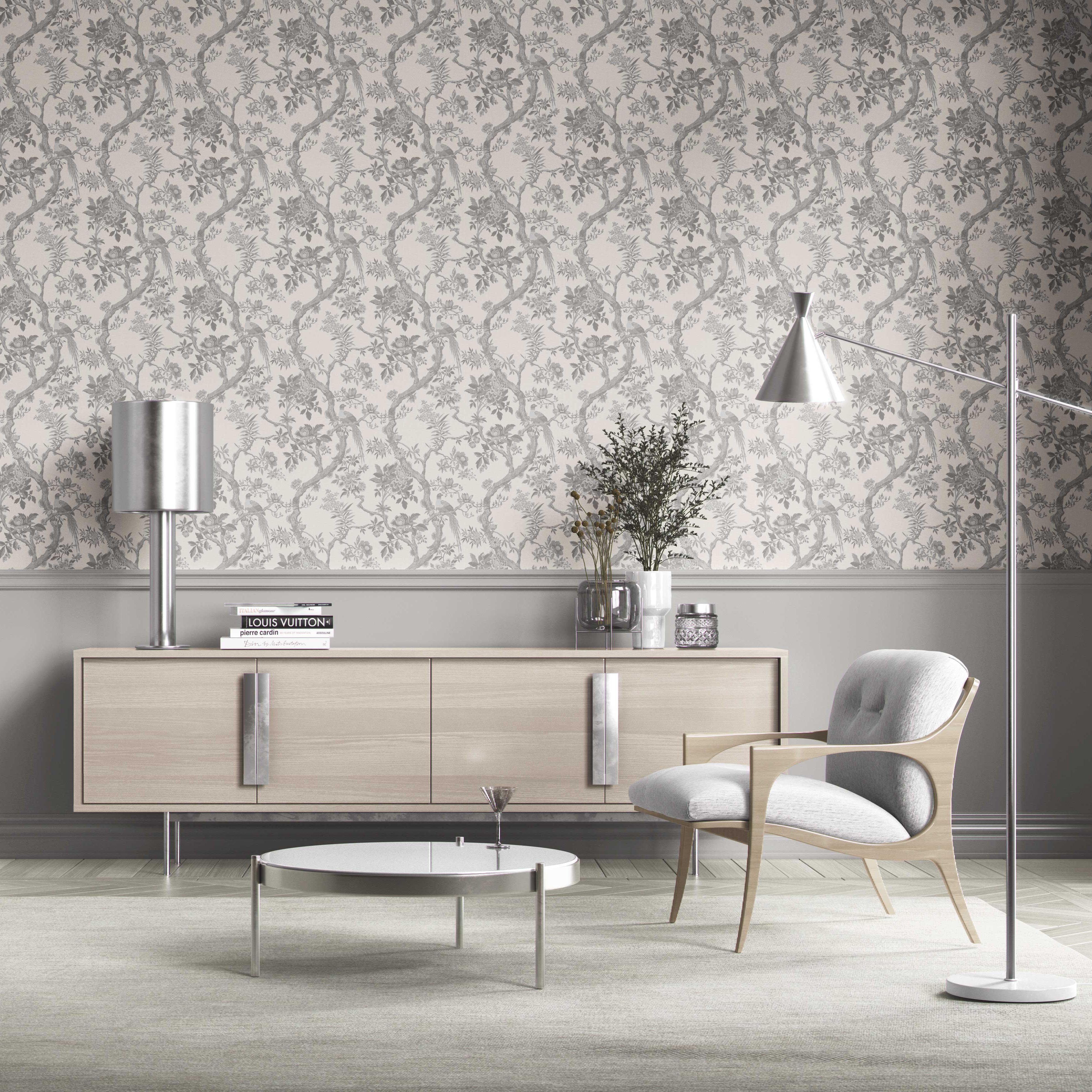Floral Toile/ Bird Print Chinoiserie Kitchen Wallpaper Sample (Dove Grey/ Off-White)