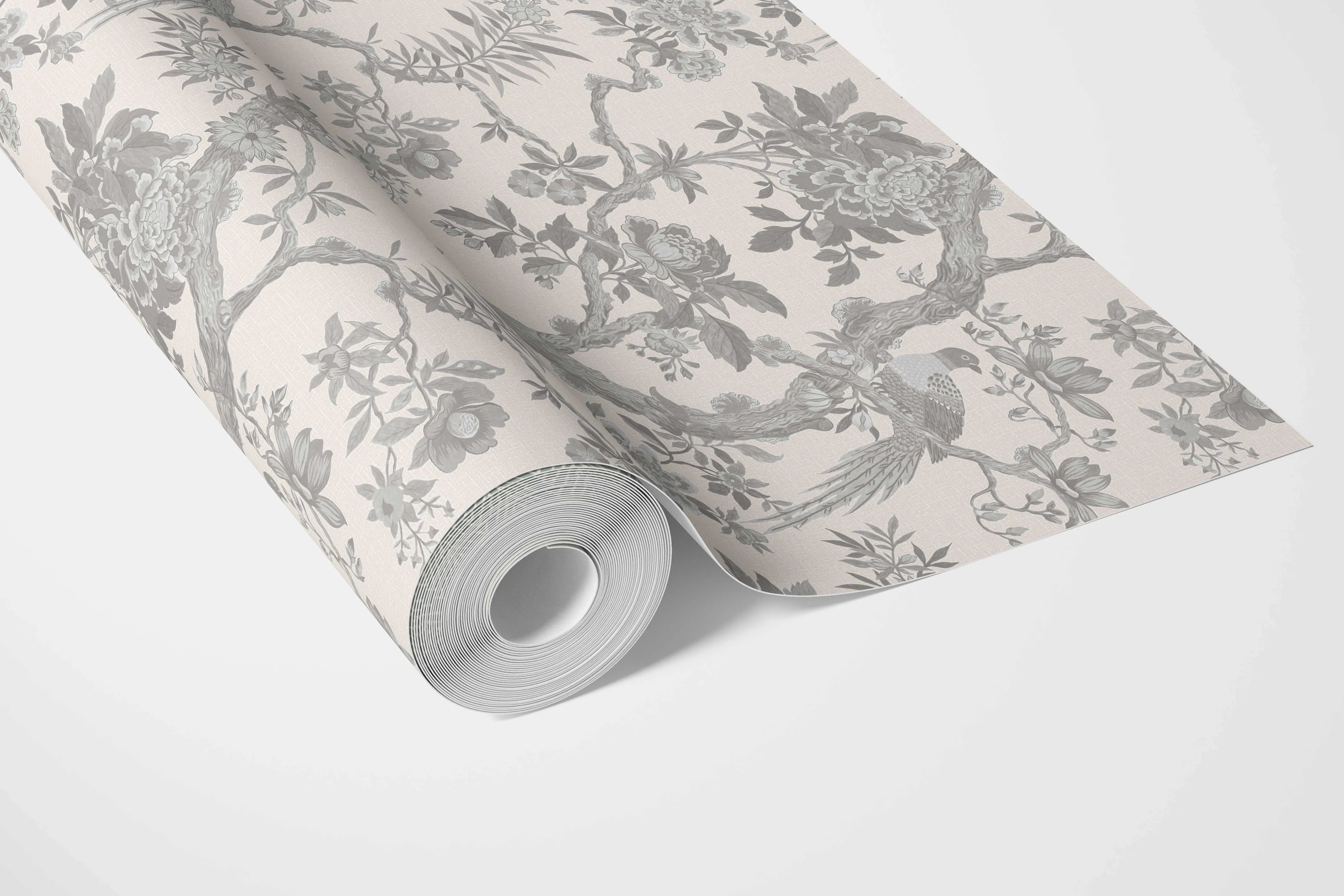Floral Toile/ Bird Print Chinoiserie Bathroom Wallpaper Sample (Dove Grey/ Off-White)