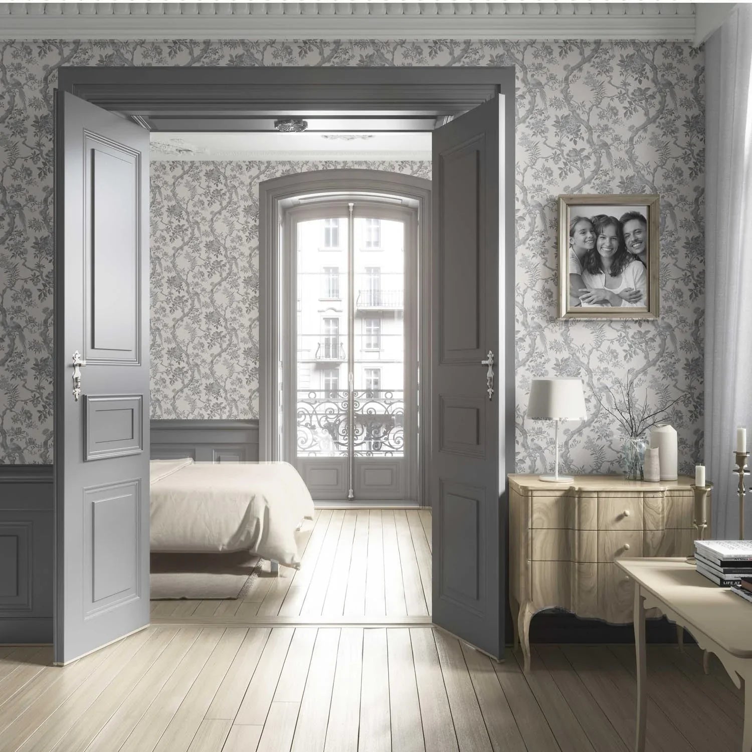 Floral Toile/ Bird Print Chinoiserie Living Room Wallpaper Sample (Dove Grey/ Off-White)