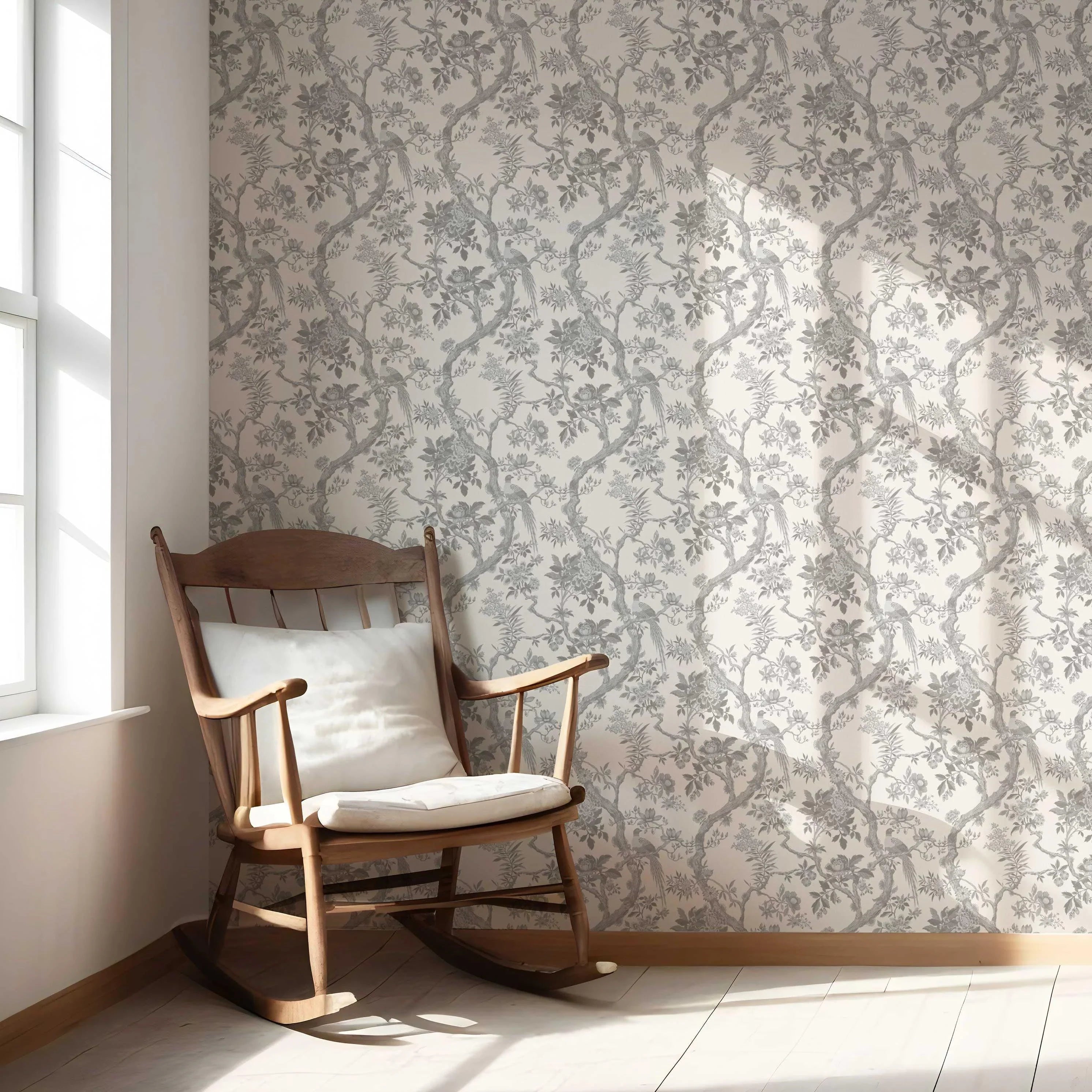 Floral Toile/ Bird Print Chinoiserie Nursery Wallpaper (Dove Grey/ Off-White)