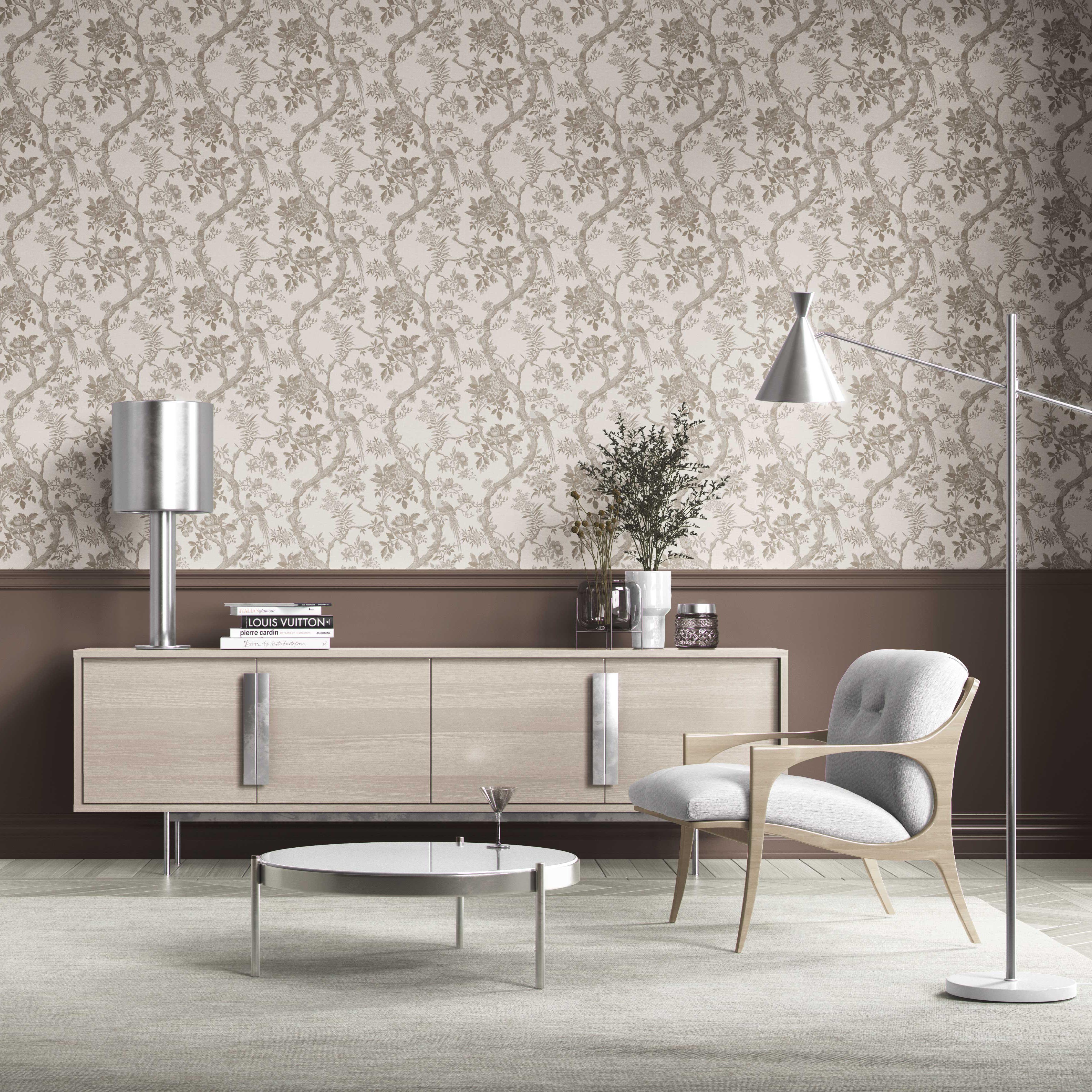 Floral Toile/ Bird Print Chinoiserie Kitchen Wallpaper (Brown/ Beige/ Taupe)