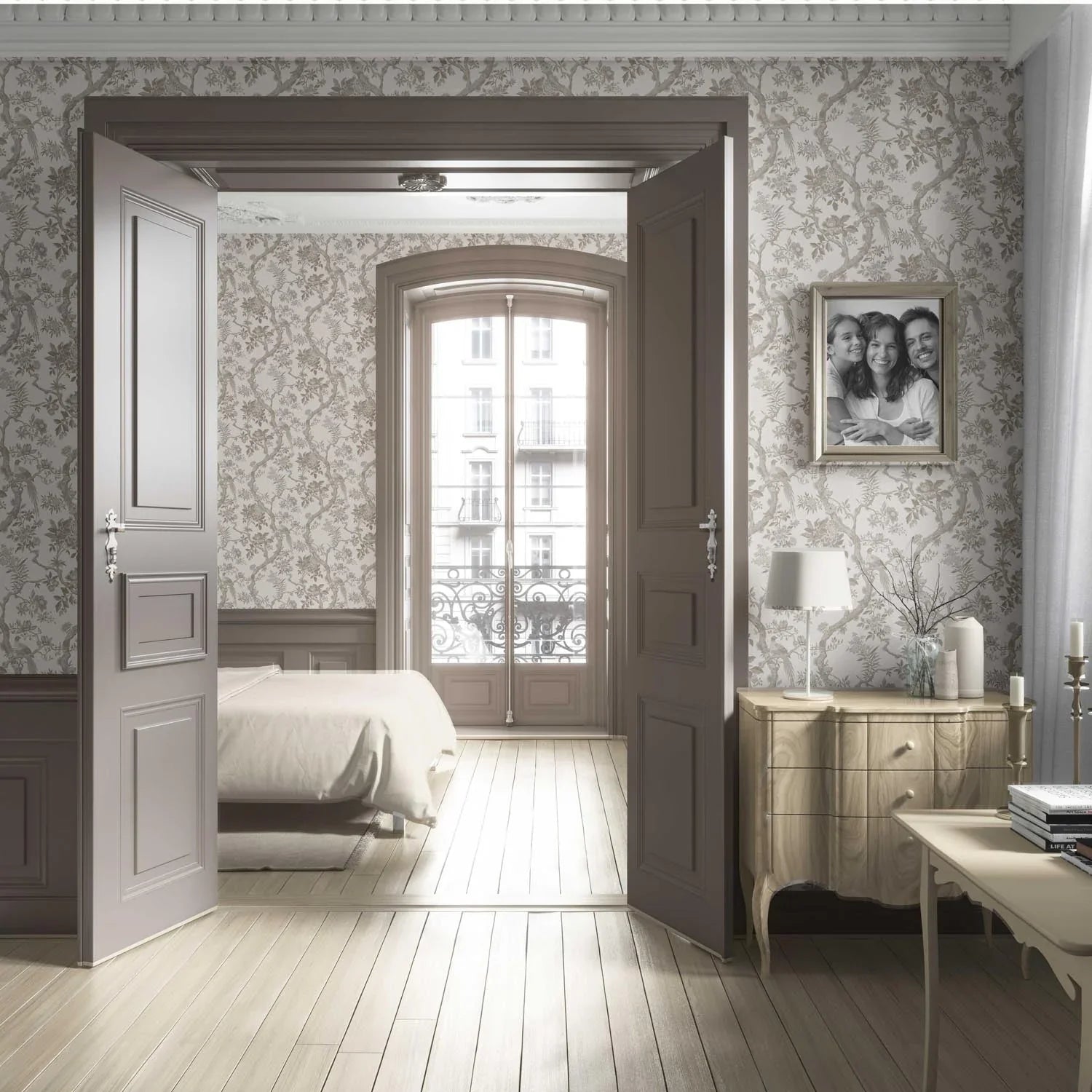 Floral Toile/ Bird Print Chinoiserie Living Room Wallpaper Sample (Brown/ Beige/ Taupe)