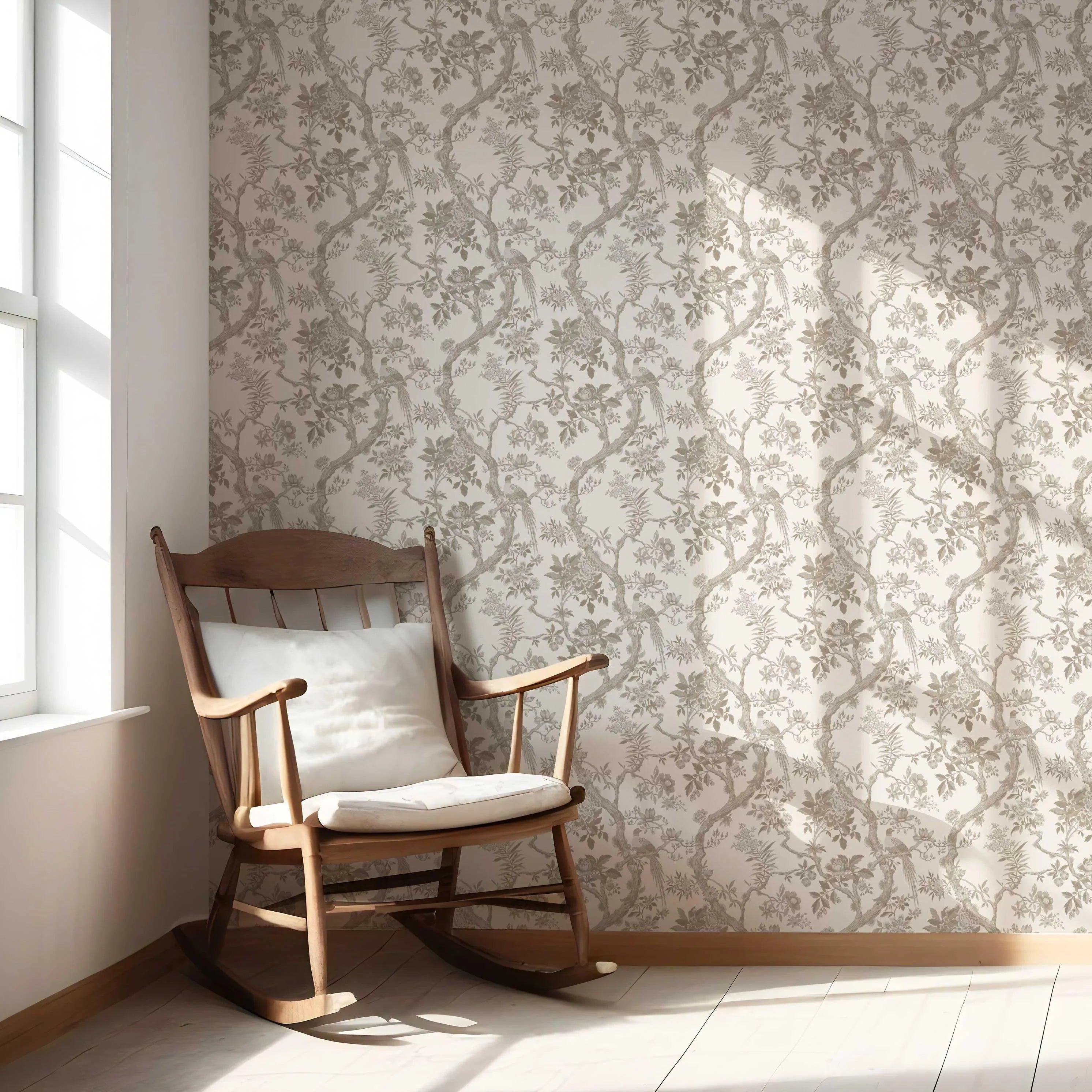 Floral Toile/ Bird Print Chinoiserie Nursery Wallpaper Sample (Brown/ Beige/ Taupe)