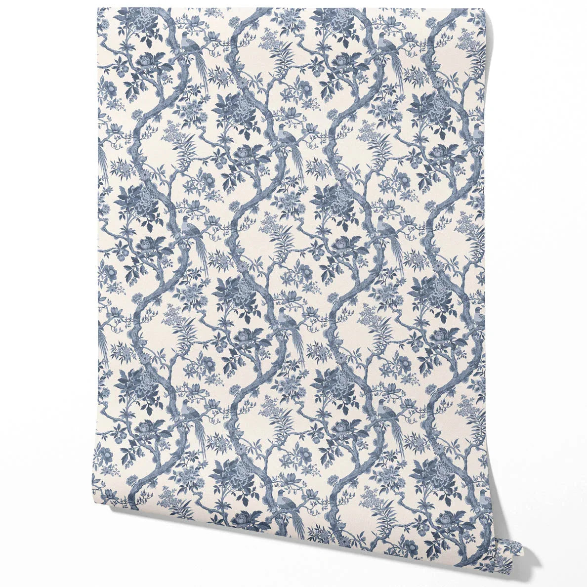 Floral Toile/ Bird Print Chinoiserie Traditional Wallpaper Sample (Navy Blue/ Off-White)
