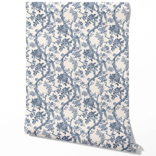 Floral Toile/ Bird Print Chinoiserie Traditional Wallpaper Sample (Navy Blue/ Off-White)