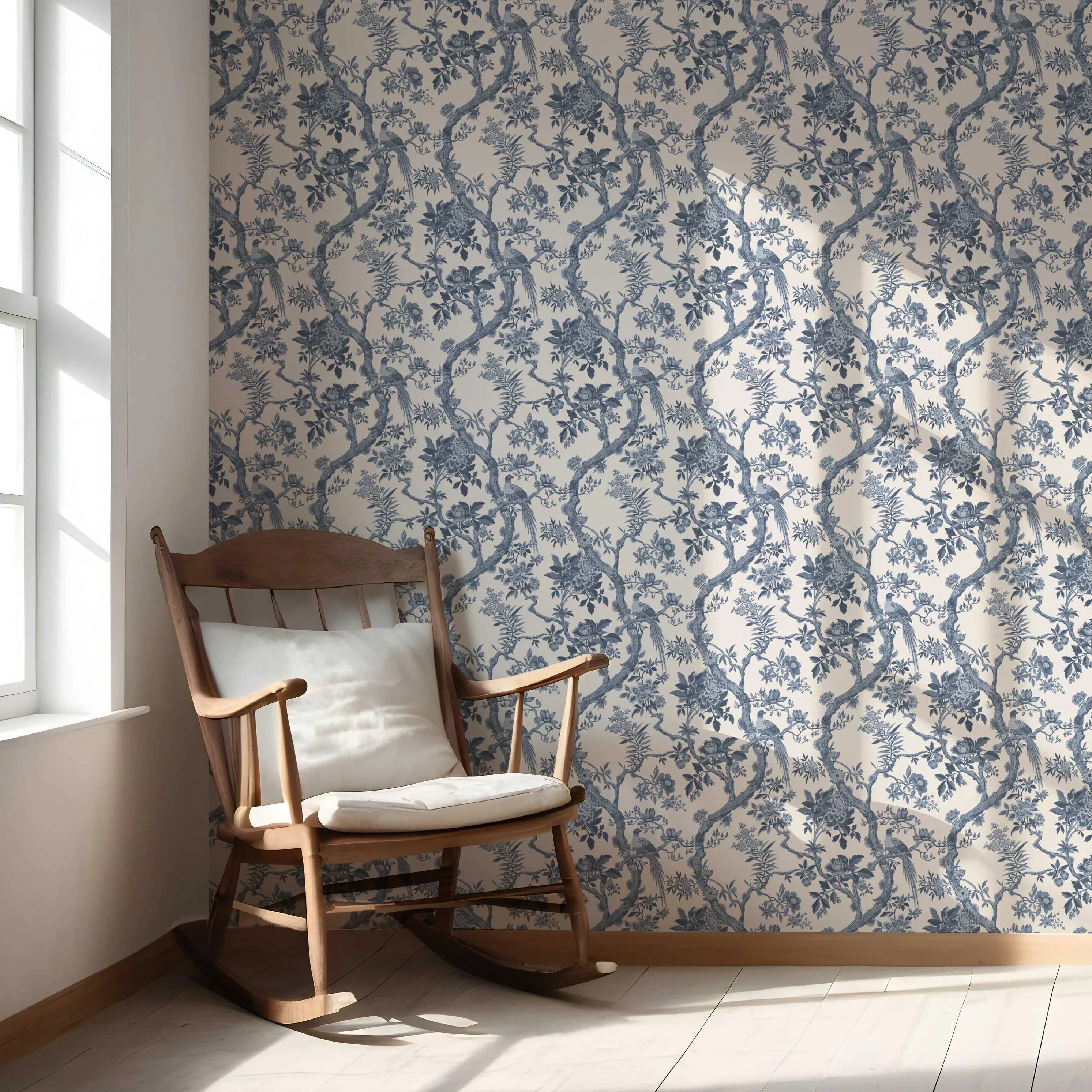 Floral Toile/ Bird Print Chinoiserie Nursery Wallpaper Sample (Navy Blue/ Off-White)