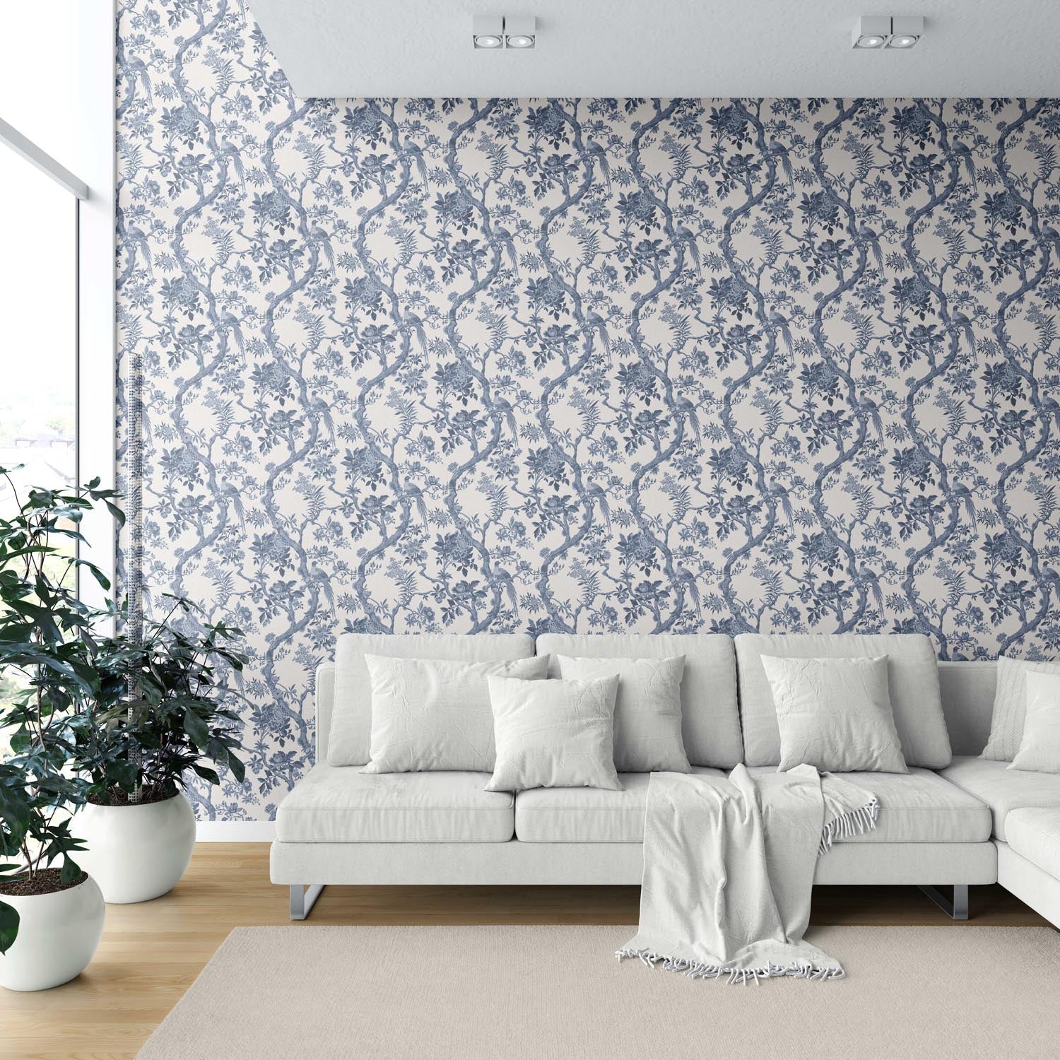 Floral Toile/ Bird Print Chinoiserie Shower Toilet Wallpaper Sample (Navy Blue/ Off-White)