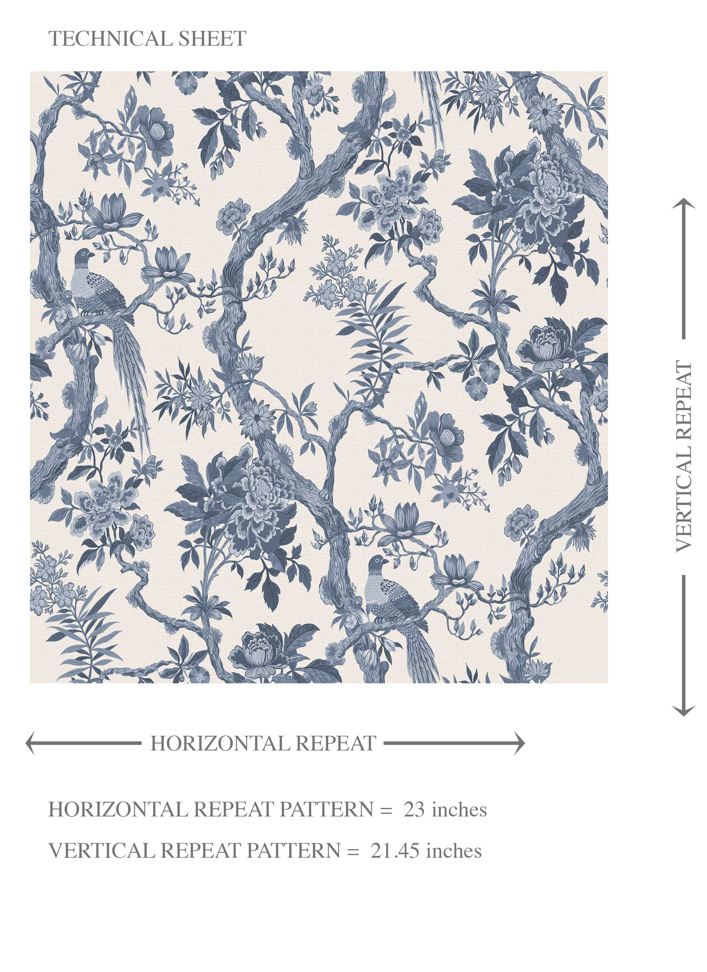Floral Toile/ Bird Print Chinoiserie Kids Room Wallpaper Sample (Navy Blue/ Off-White)