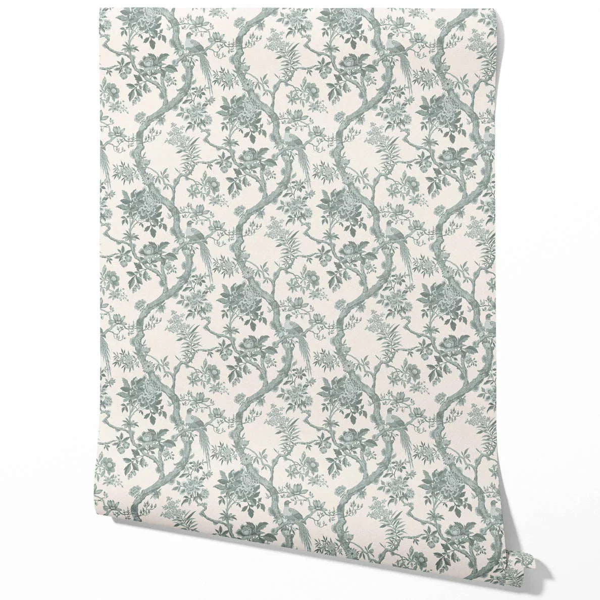 Floral Toile/ Bird Print Chinoiserie Traditional Wallpaper Sample (Grey-Green)