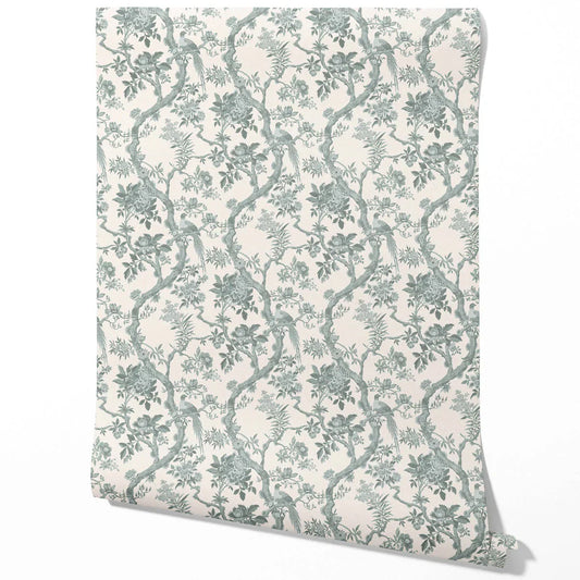 Floral Toile/ Bird Print Chinoiserie Traditional Wallpaper Sample (Gray-Green)