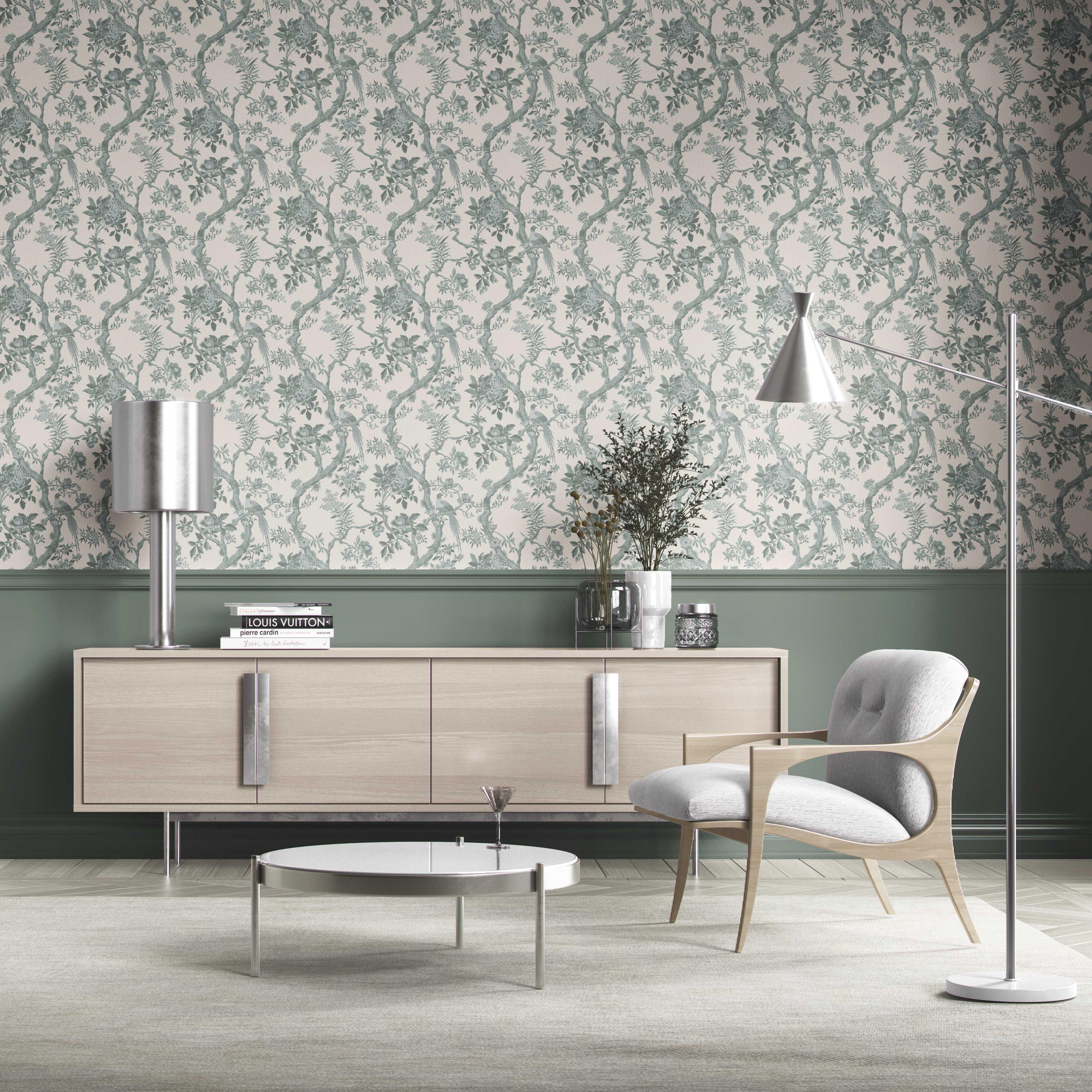 Floral Toile/ Bird Print Chinoiserie Kitchen Wallpaper Sample (Grey-Green)