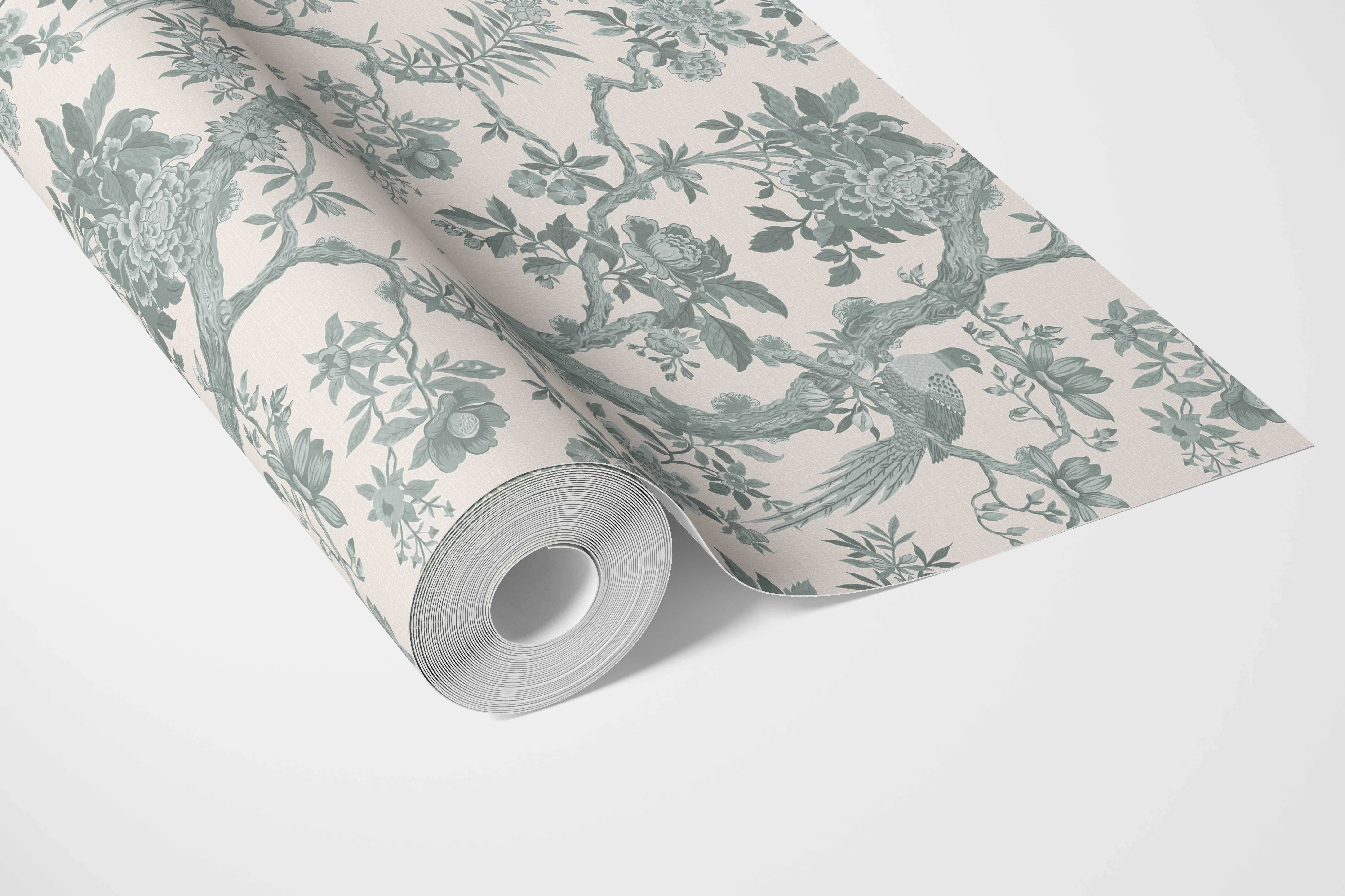 Floral Toile/ Bird Print Chinoiserie Bathroom Wallpaper Sample (Grey-Green)