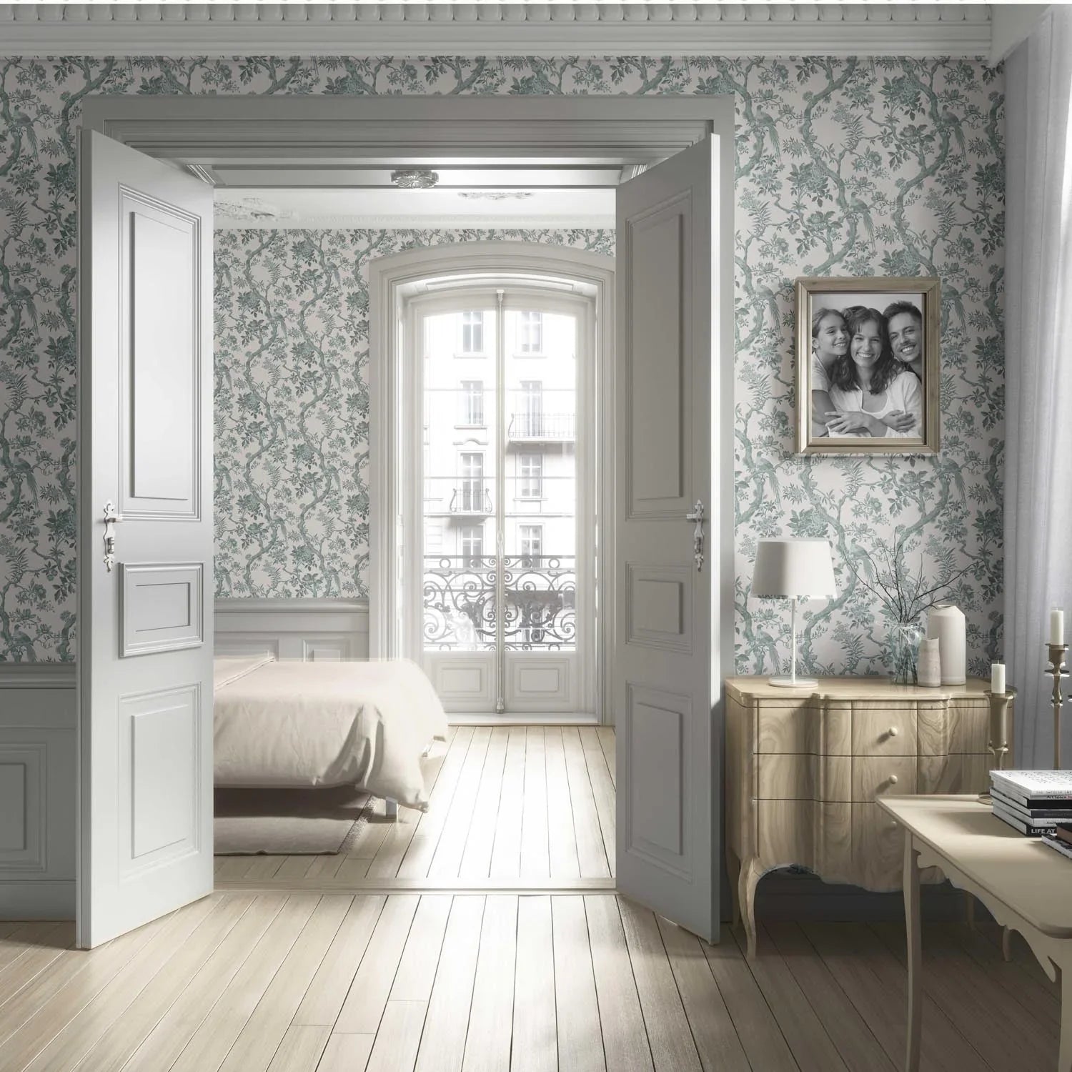 Floral Toile/ Bird Print Chinoiserie Living Room Wallpaper Sample (Grey-Green)
