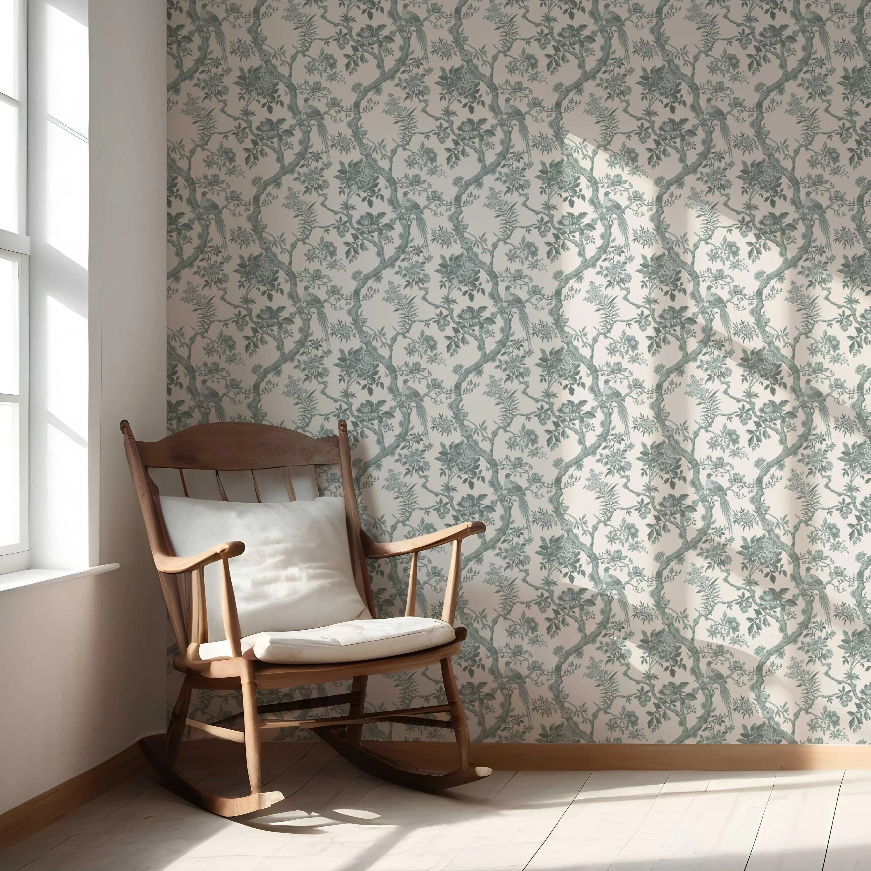 Floral Toile/ Bird Print Chinoiserie Nursery Wallpaper Sample (Grey-Green)