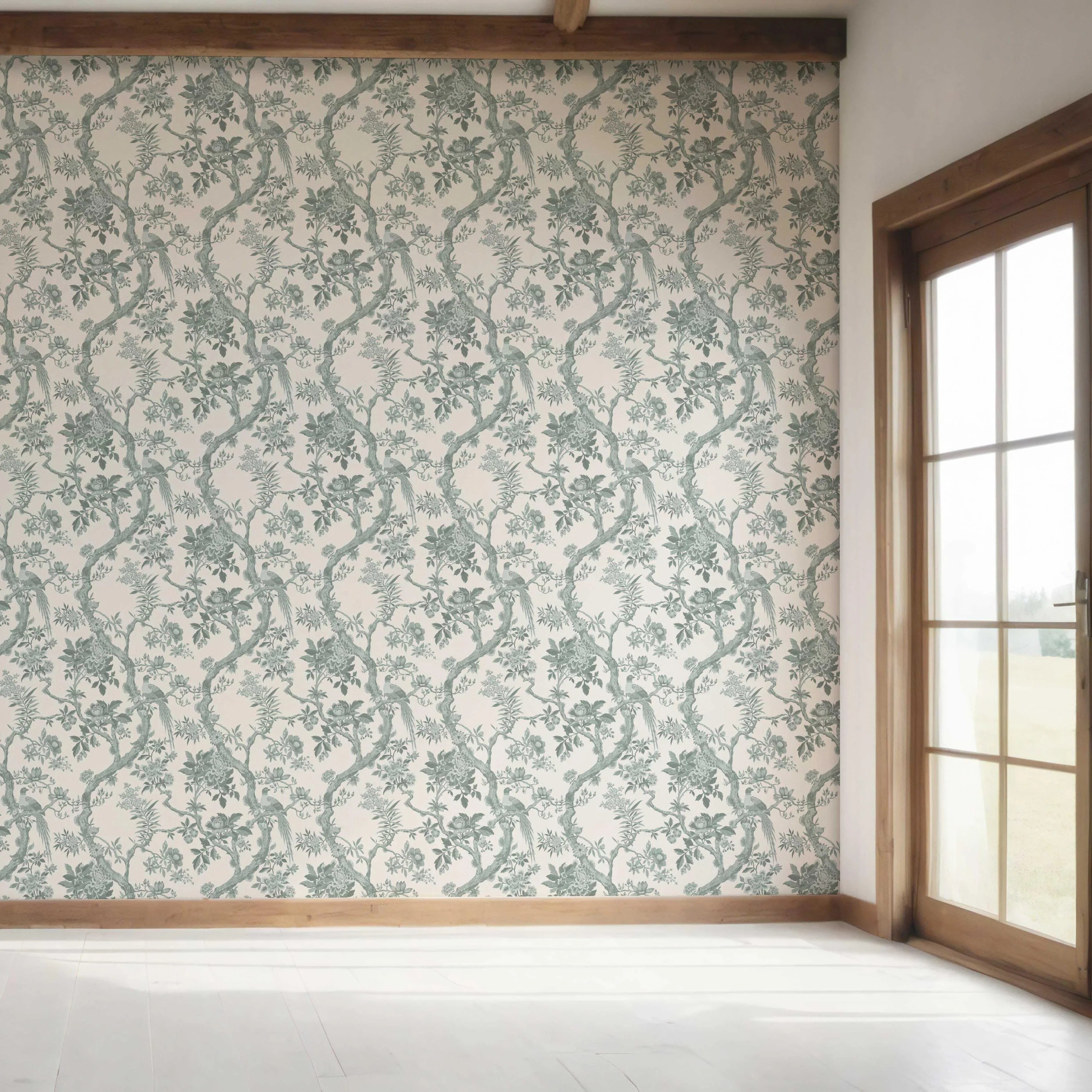 Floral Toile/ Bird Print Chinoiserie Bedroom Wallpaper Sample (Grey-Green)