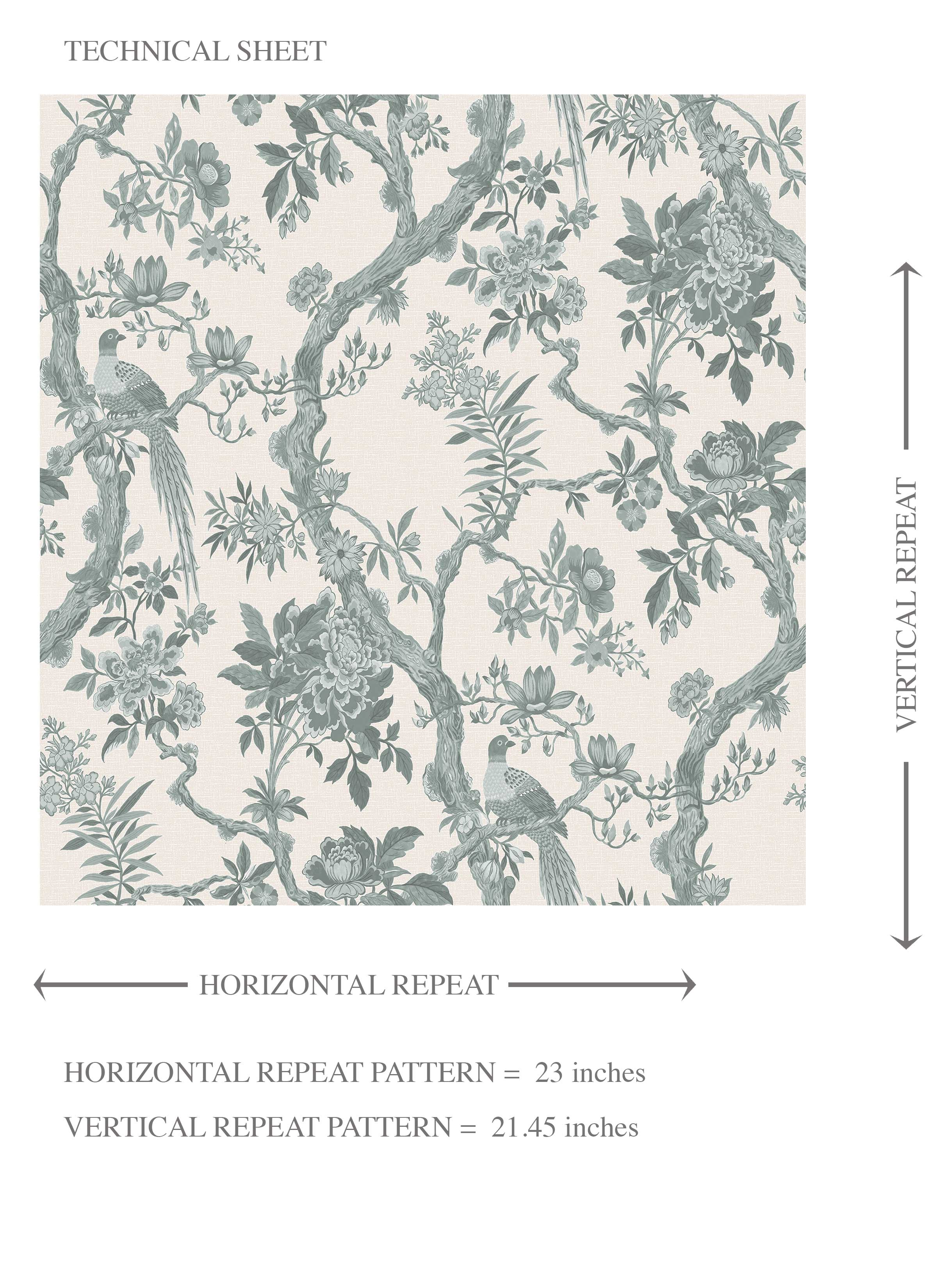 Floral Toile/ Bird Print Chinoiserie Kids Room Wallpaper Sample (Grey-Green)