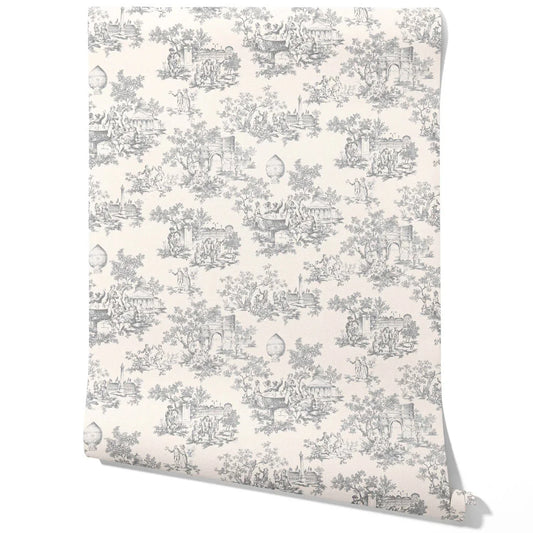 Toile de Jouy/ Nature Print Traditional Wallpaper Sample (Dove Gray/ Off-White)