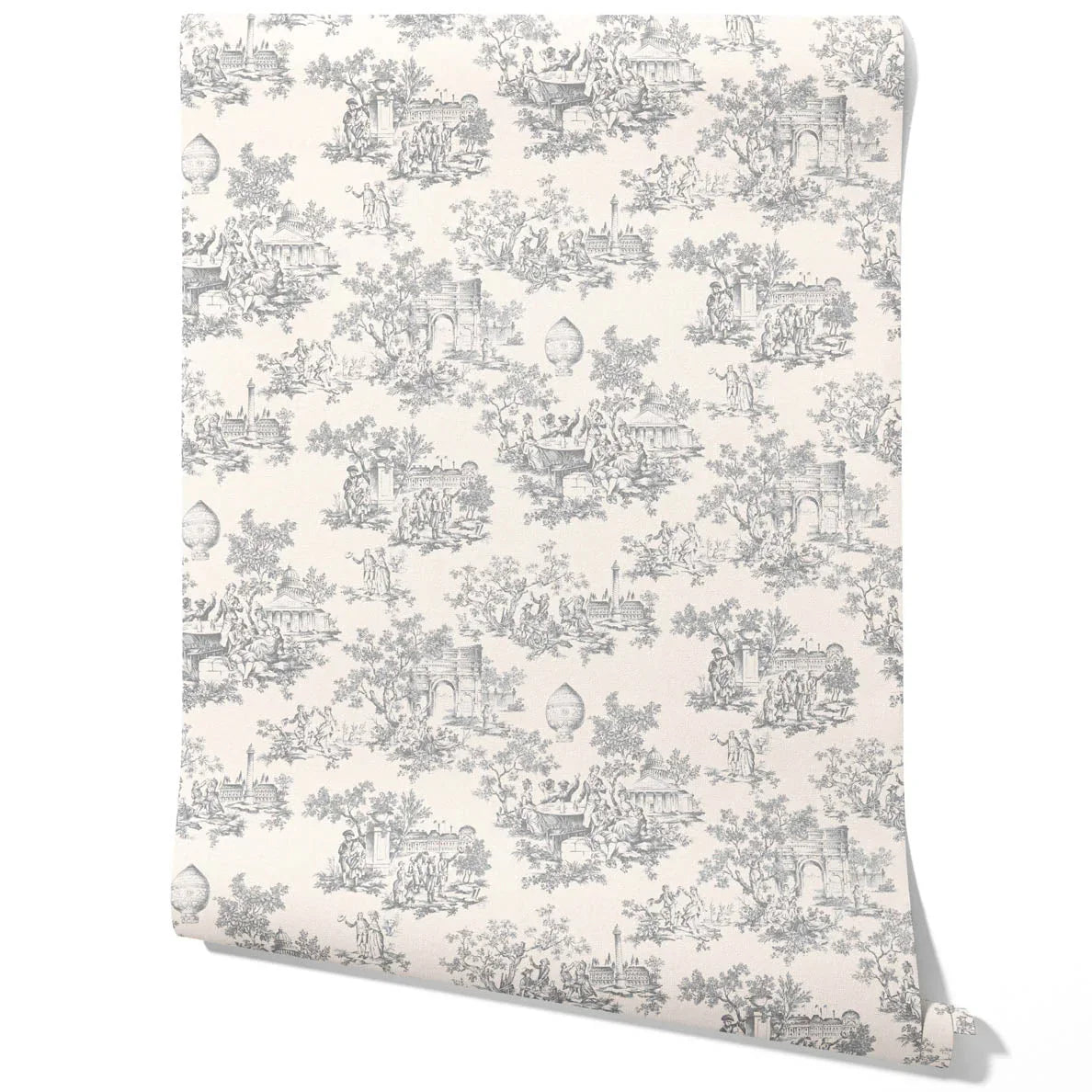 Toile de Jouy/ Nature Print Traditional Wallpaper (Dove Gray/ Off-White)