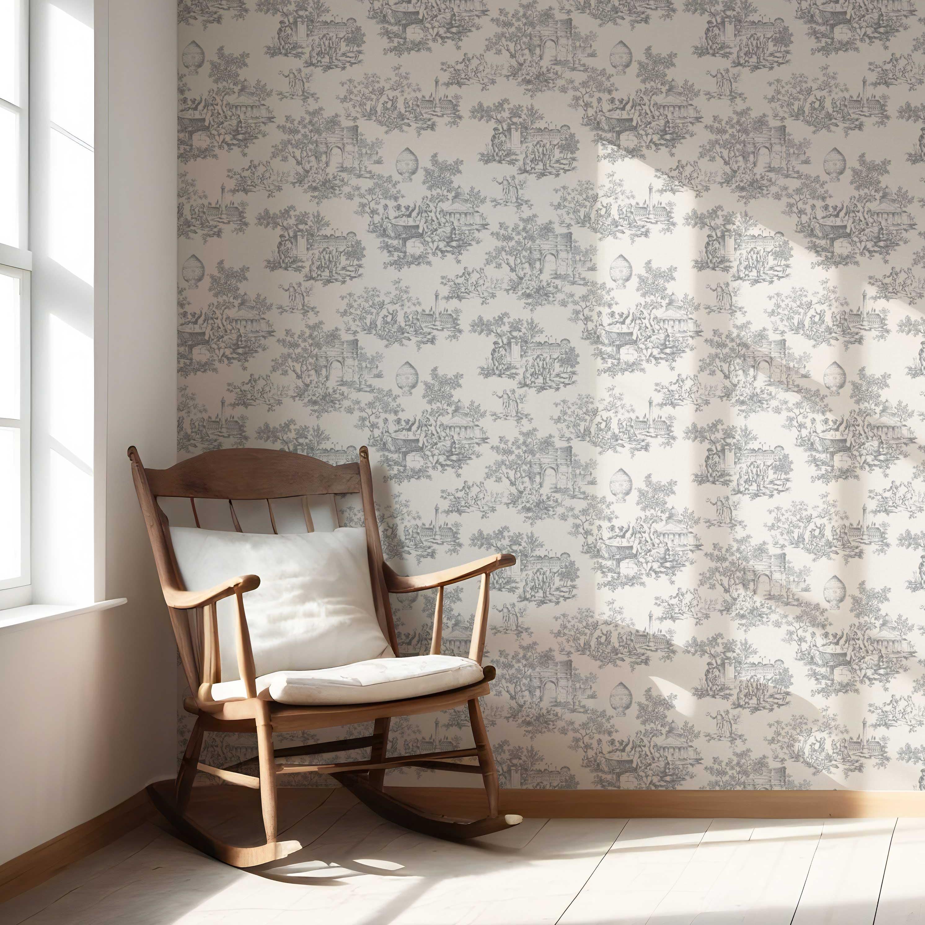 Toile de Jouy/ Nature Print Nursery Wallpaper (Dove Gray/ Off-White)