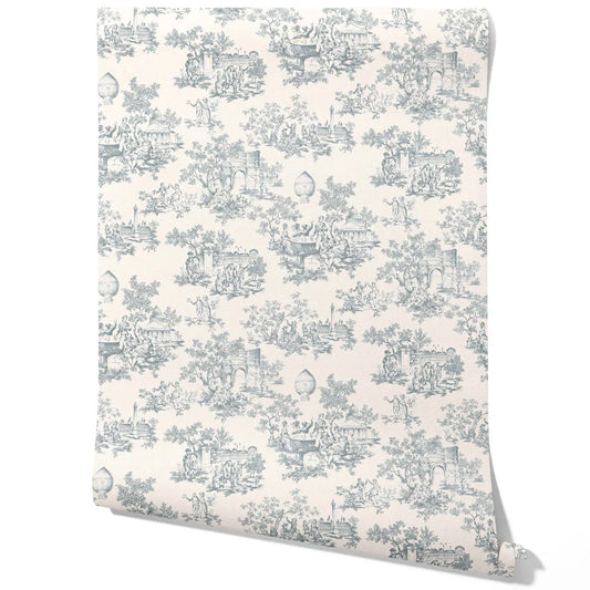 Toile de Jouy/ Nature Print Traditional Wallpaper Sample (Blue/ Gray/ Off-White)
