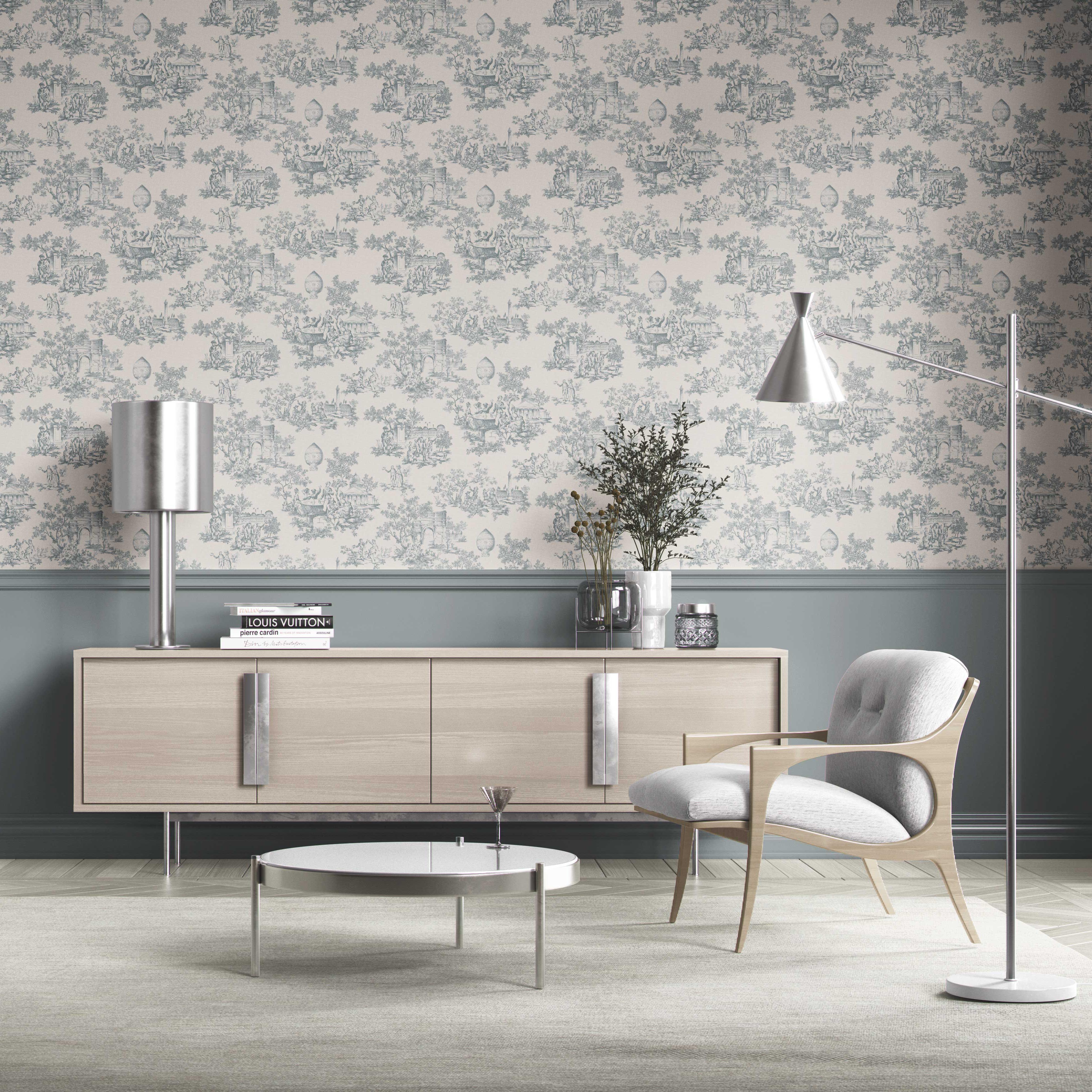 Toile de Jouy/ Nature Print Kitchen Wallpaper Sample (Blue/ Gray/ Off-White)