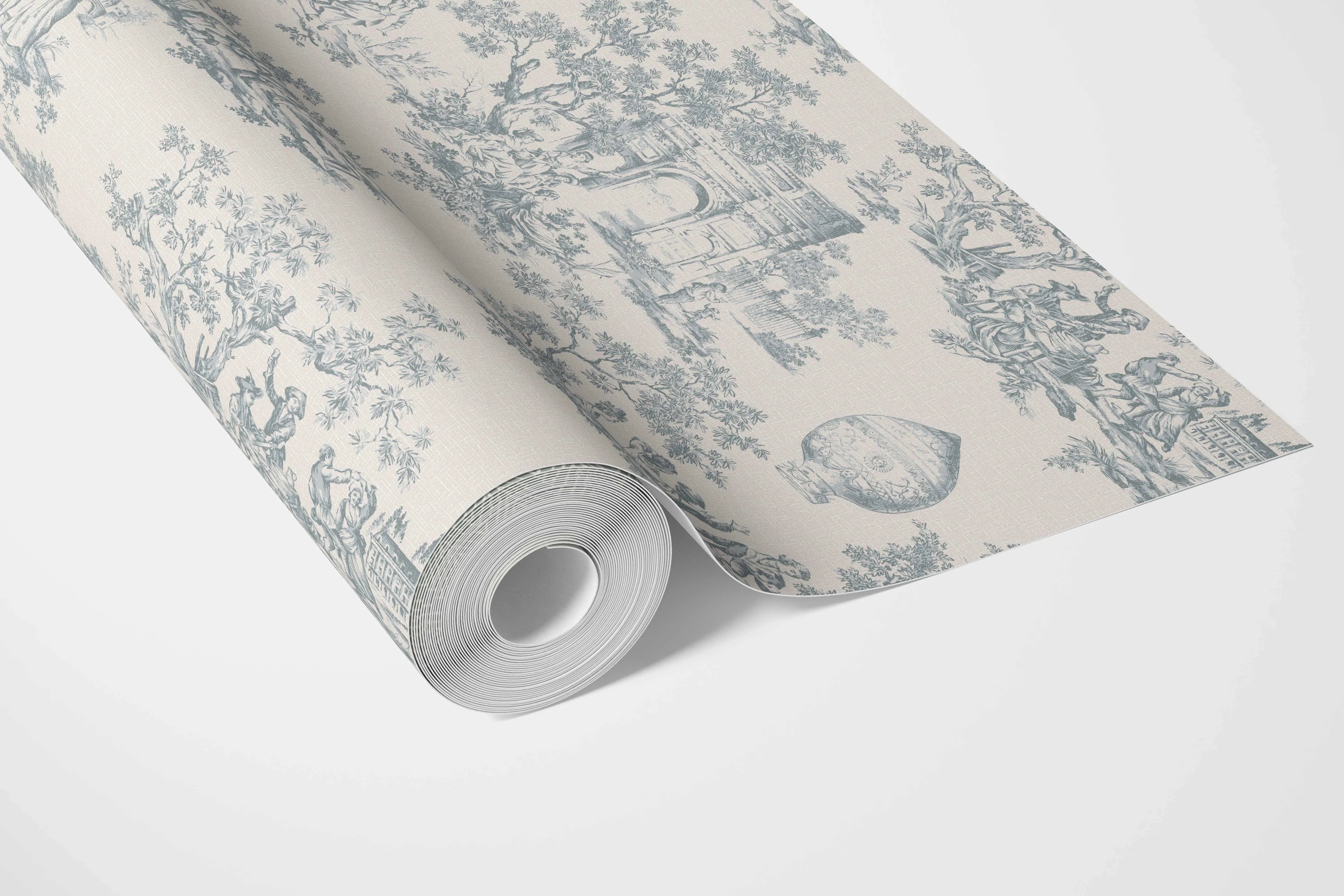 Toile de Jouy/ Nature Print Bathroom Wallpaper Sample (Blue/ Gray/ Off-White)