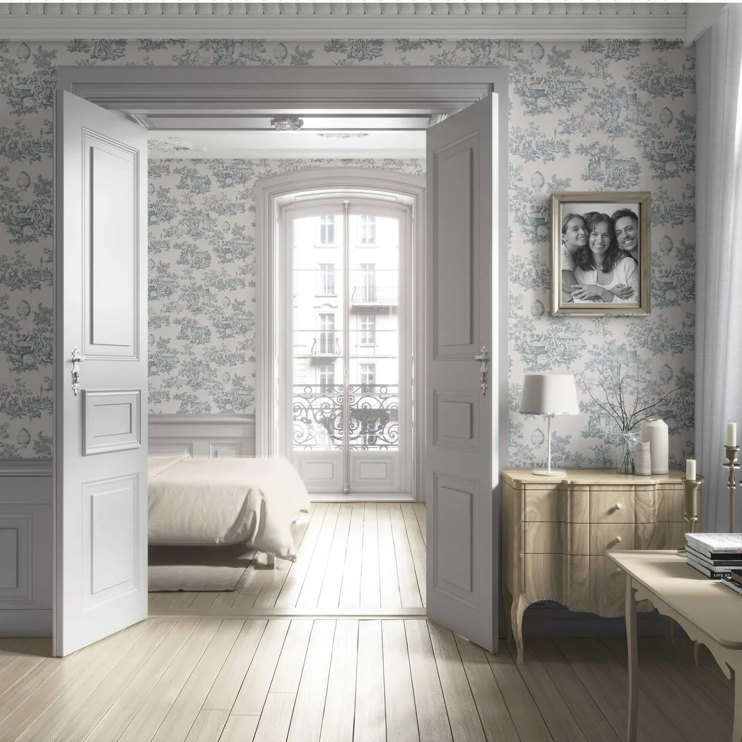 Toile de Jouy/ Nature Print Living Room Wallpaper Sample (Blue/ Gray/ Off-White)