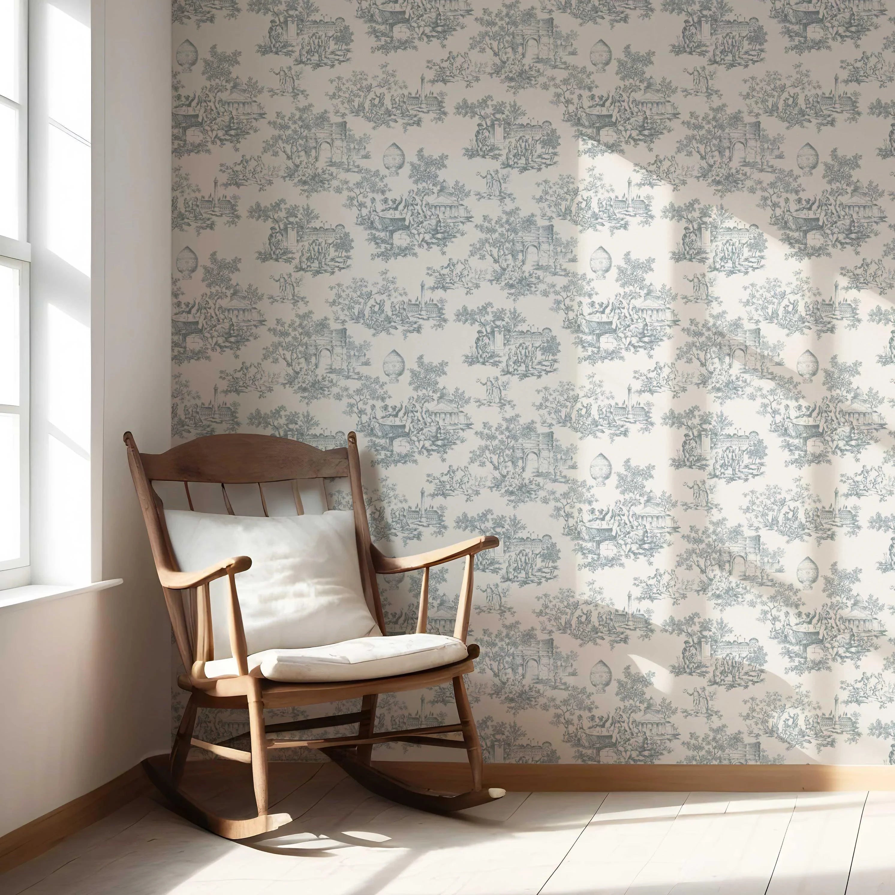 Toile de Jouy/ Nature Print Nursery Wallpaper Sample (Blue/ Gray/ Off-White)